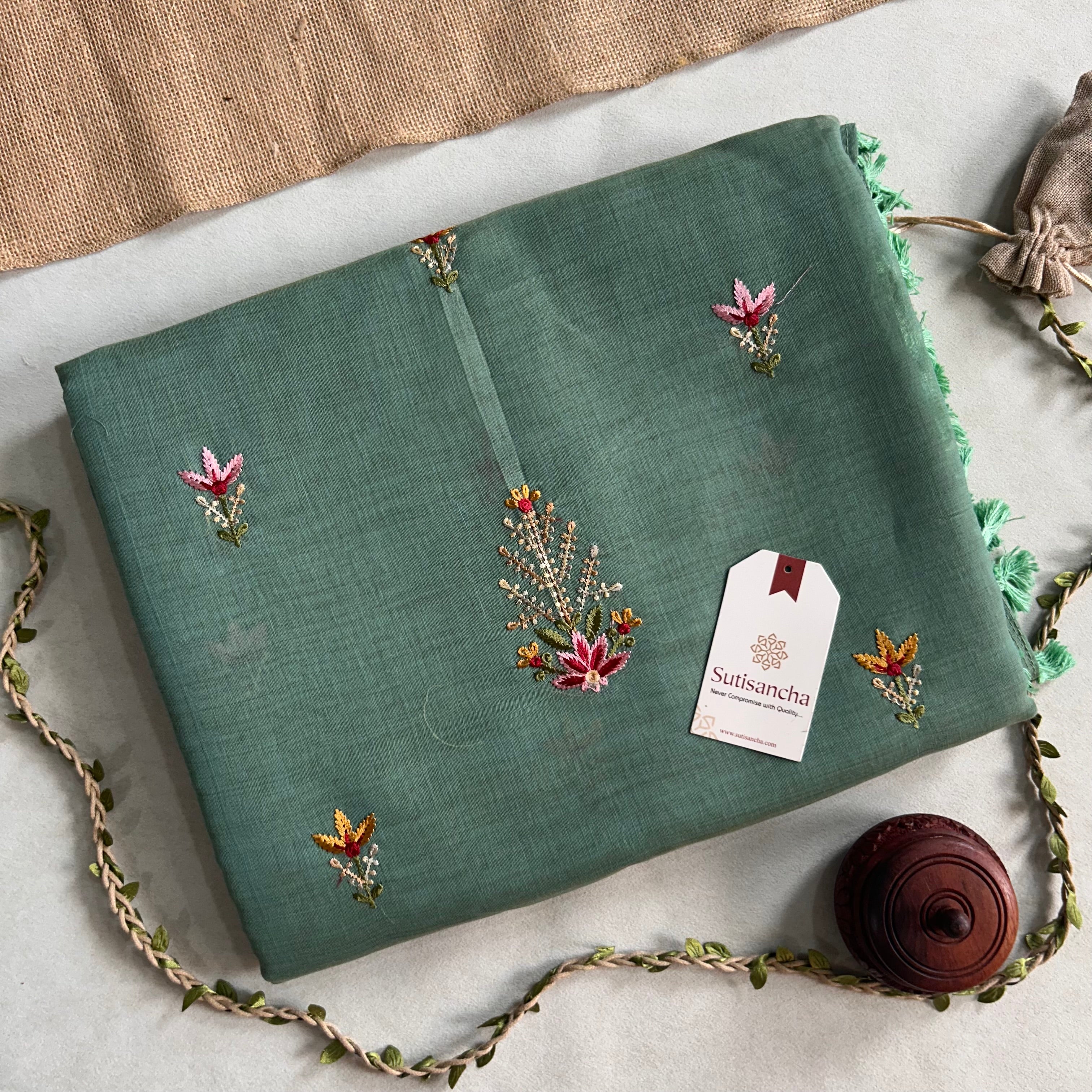 Vanika Botanical Cotton Saree Delicate Floral Thread Art