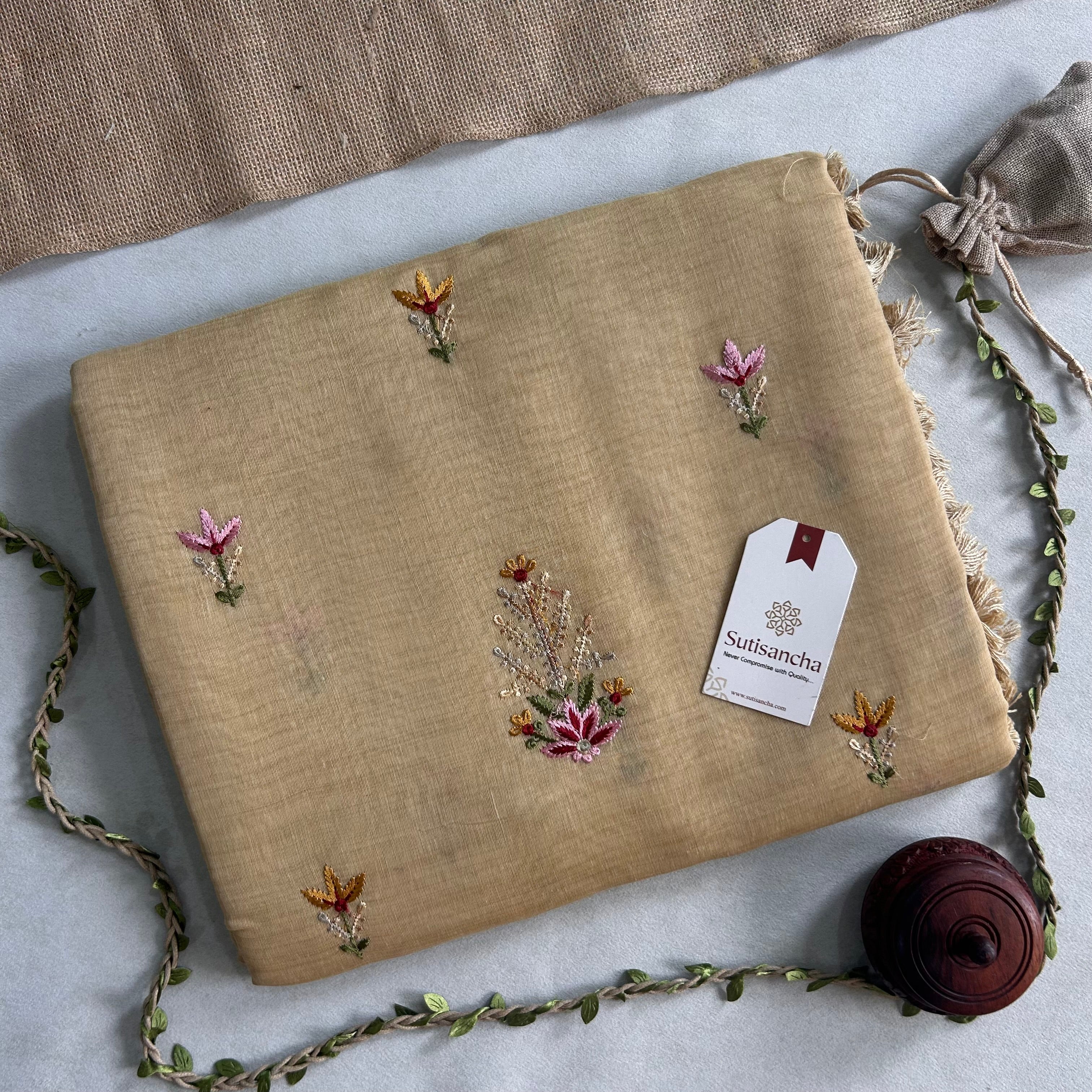 Vanika Botanical Cotton Saree Delicate Floral Thread Art