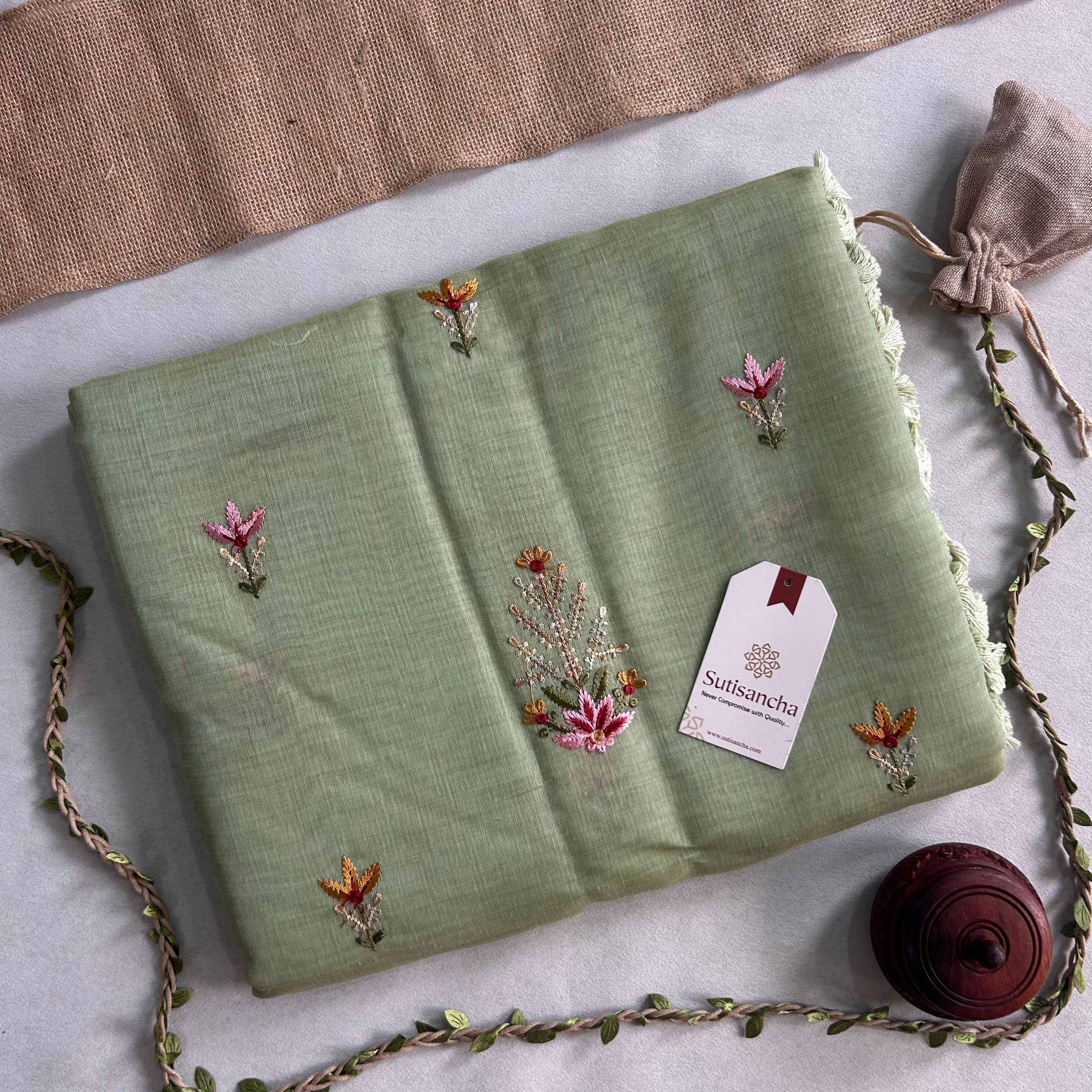 Vanika Botanical Cotton Saree Delicate Floral Thread Art