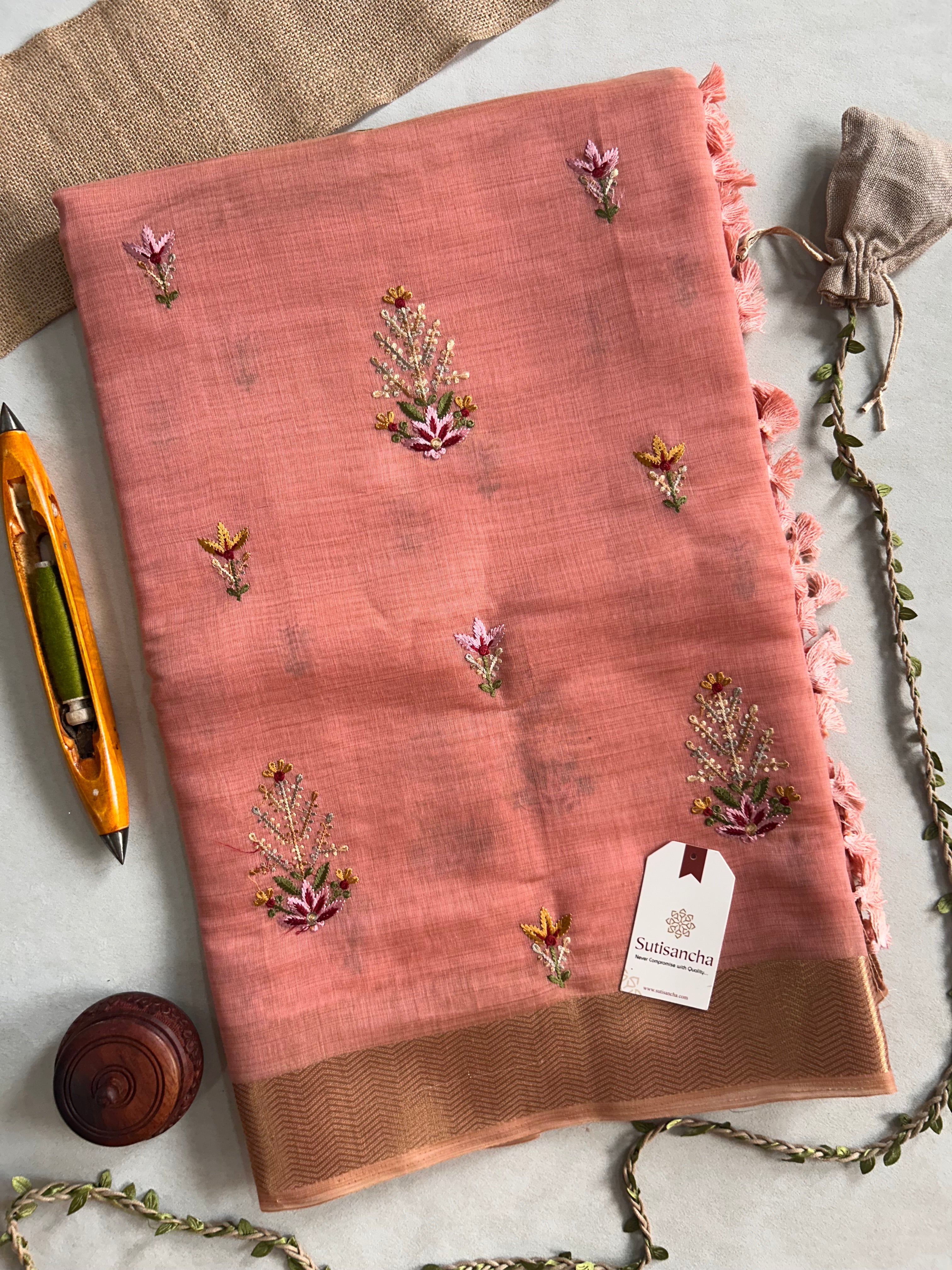Vanika Botanical Cotton Saree Delicate Floral Thread Art