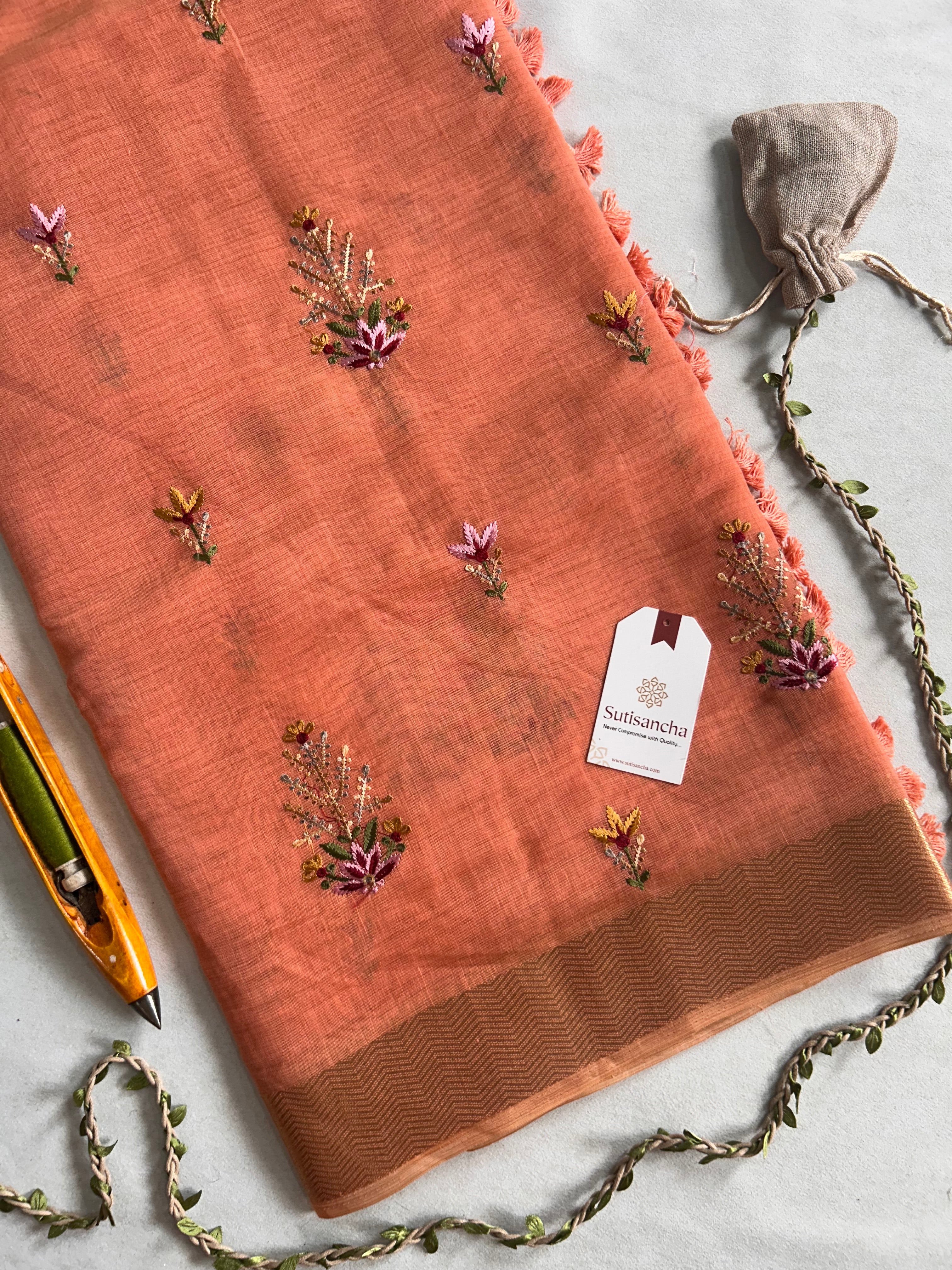 Vanika Botanical Cotton Saree Delicate Floral Thread Art