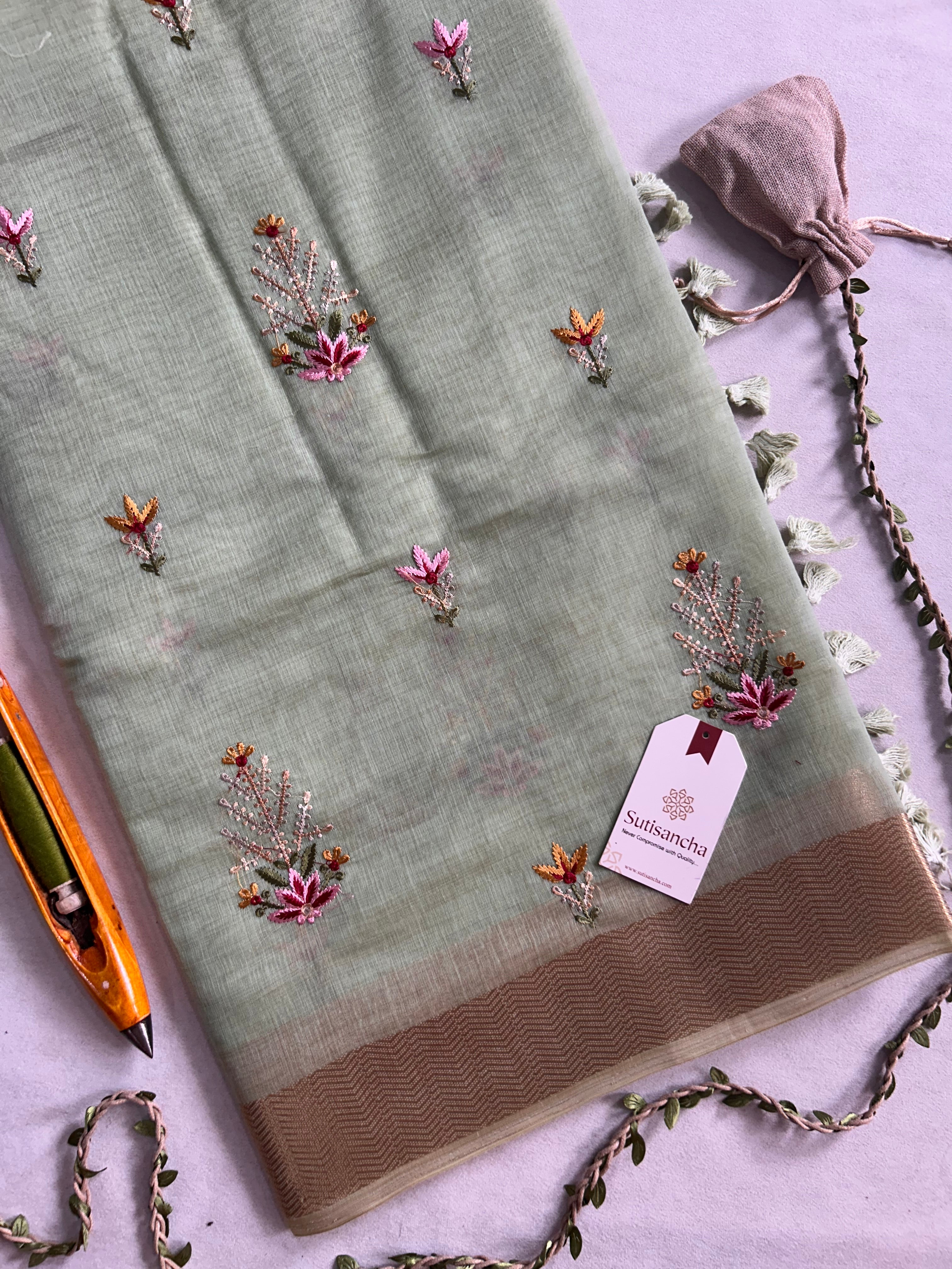 Vanika Botanical Cotton Saree Delicate Floral Thread Art