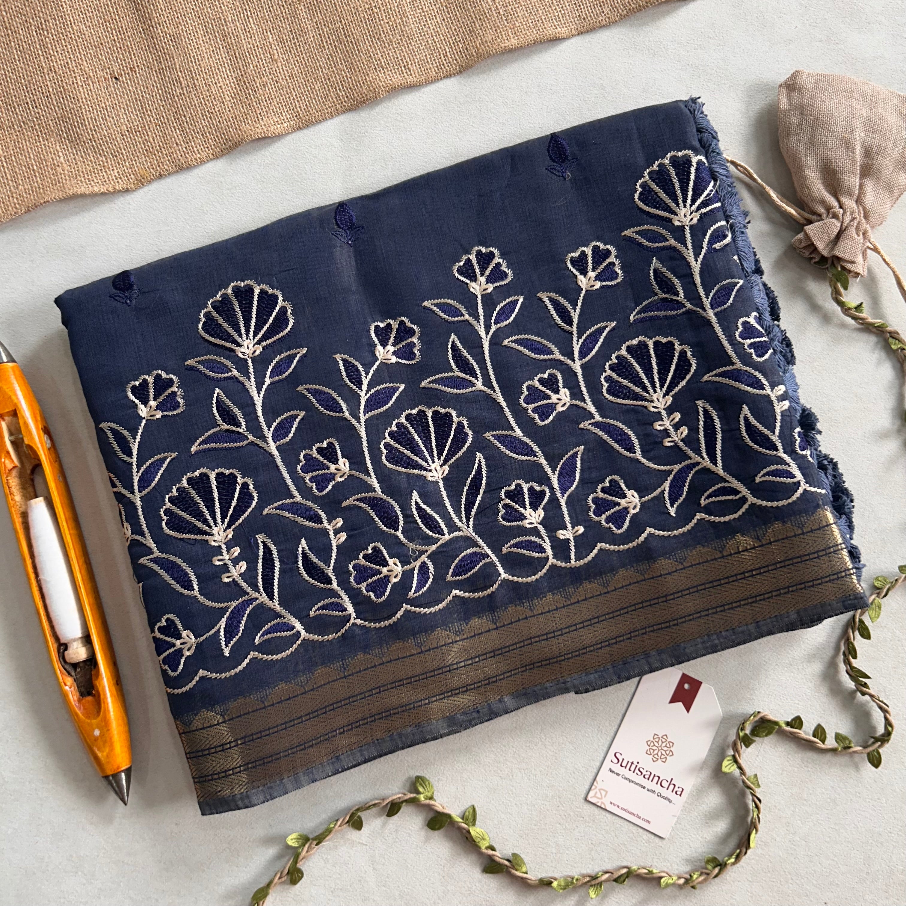 Ishani Botanical Cotton Saree Floral Thread Art