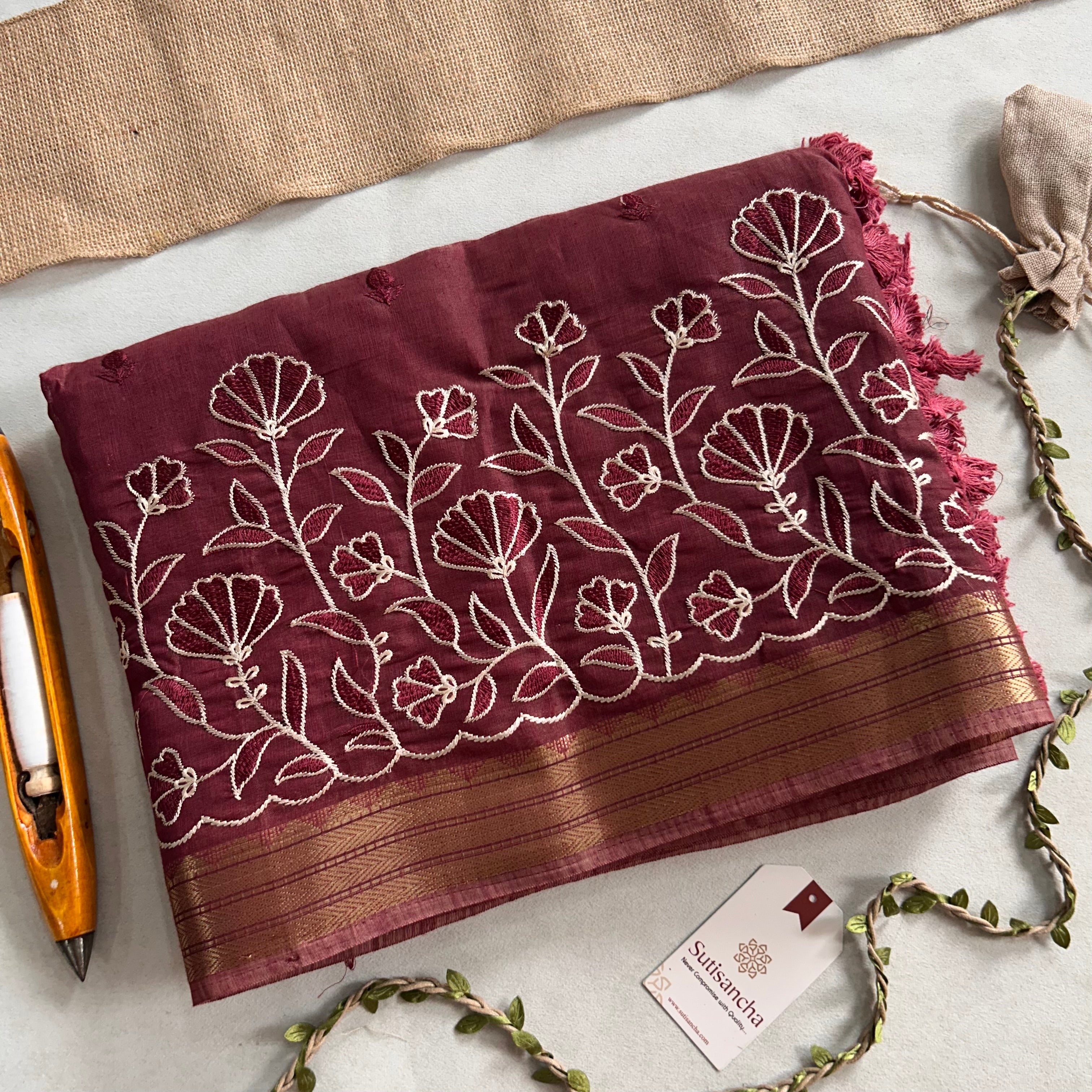 Ishani Botanical Cotton Saree Floral Thread Art