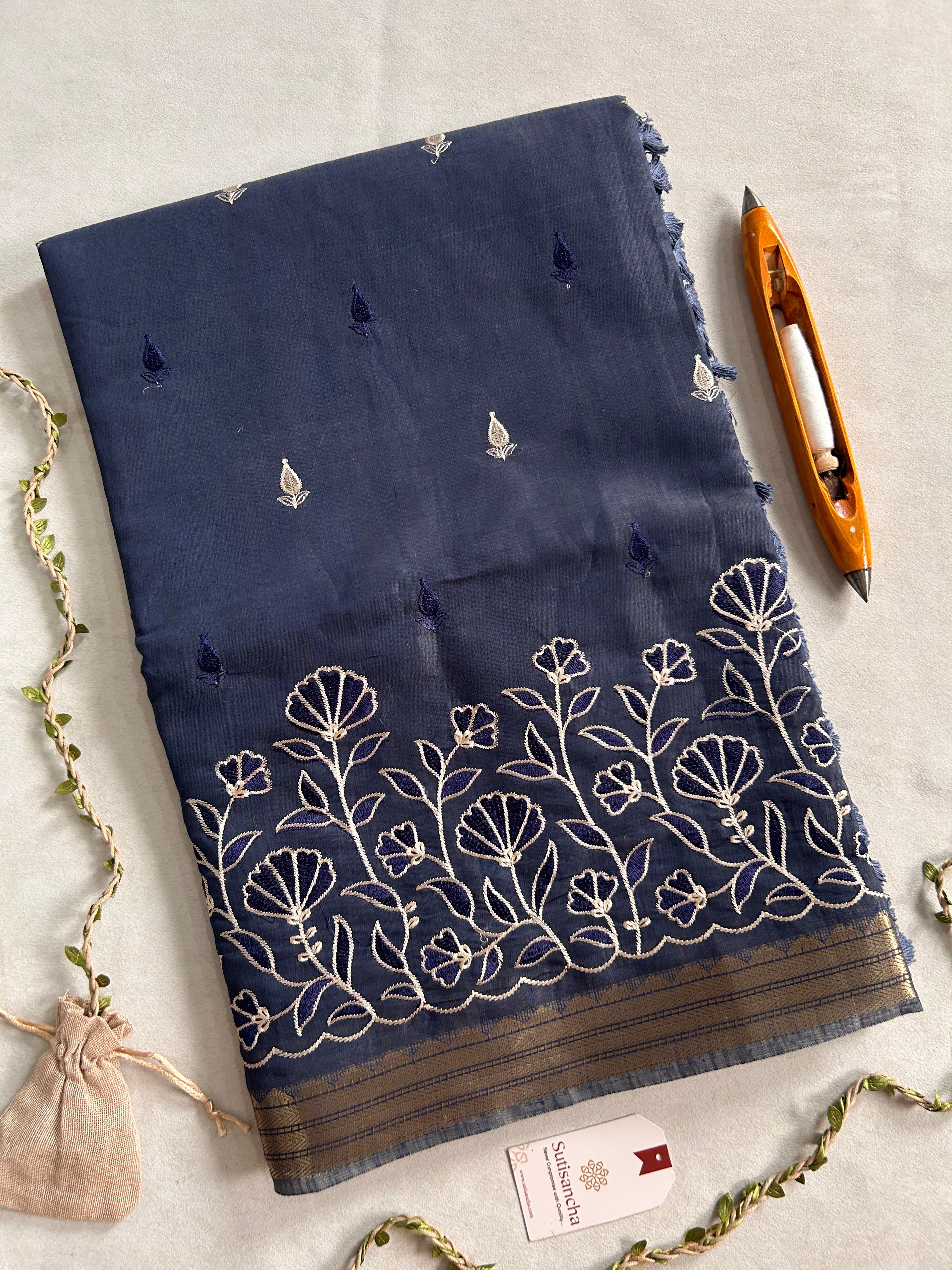 Ishani Botanical Cotton Saree Floral Thread Art