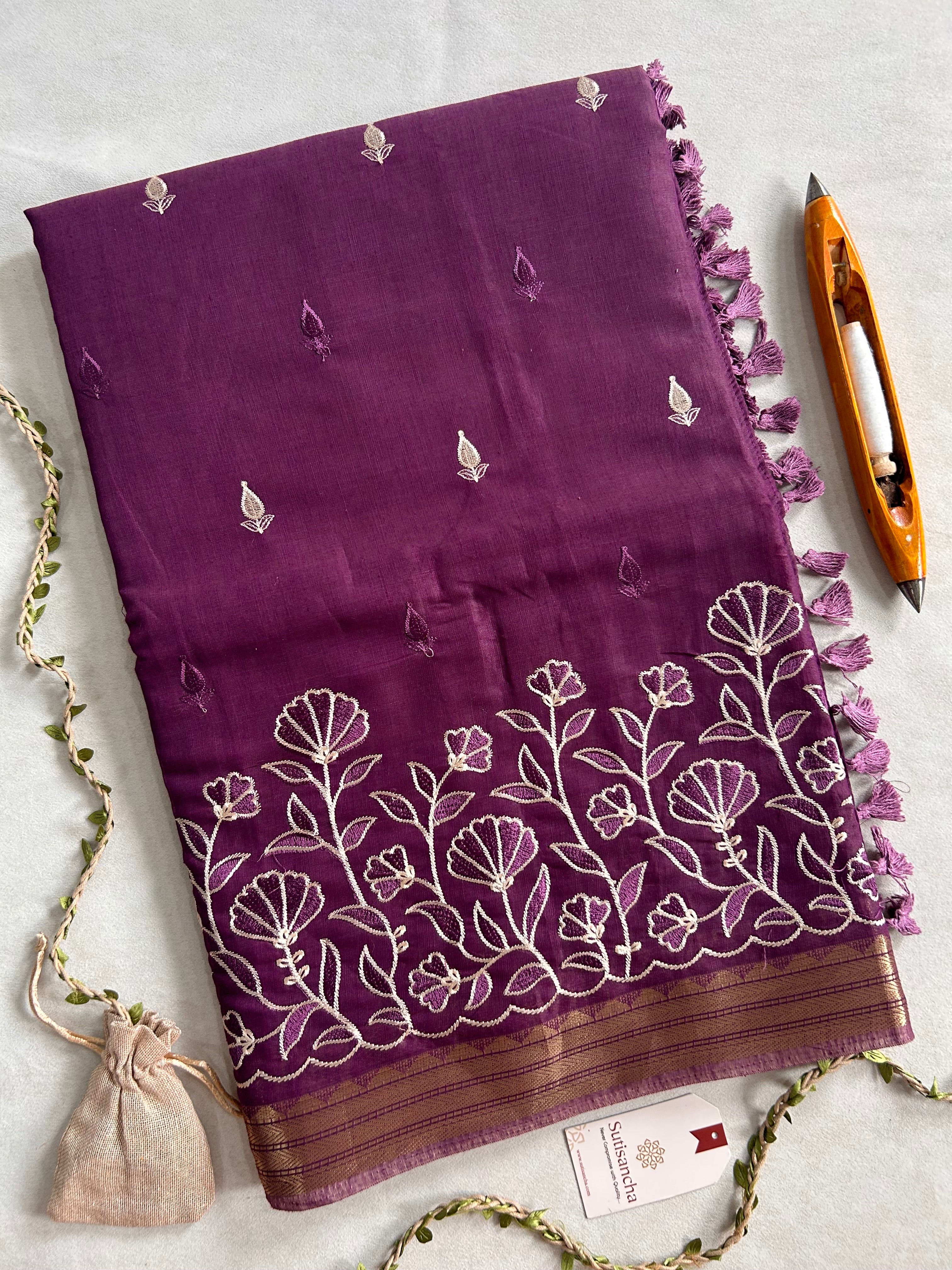 Ishani Botanical Cotton Saree Floral Thread Art