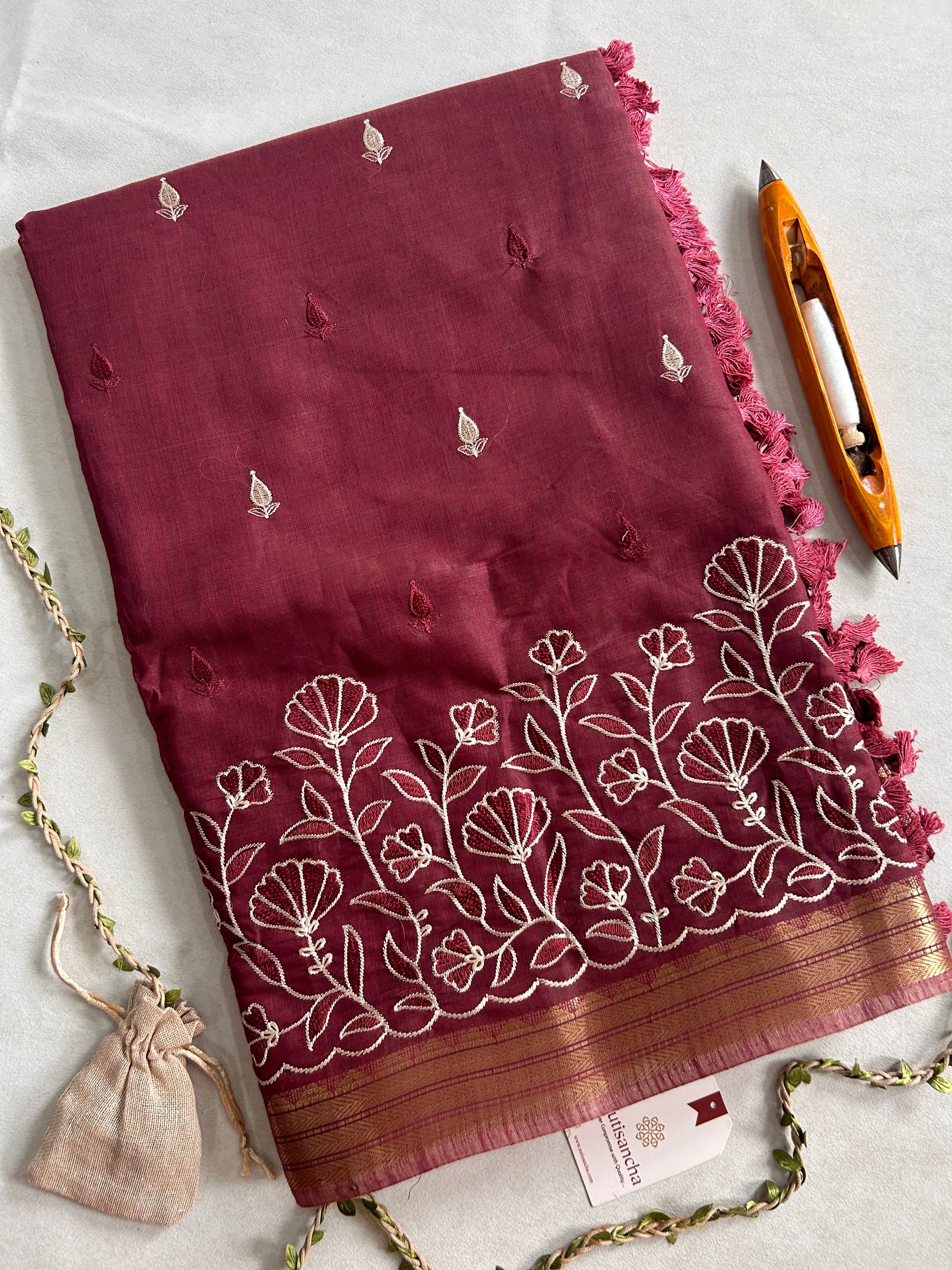 Ishani Botanical Cotton Saree Floral Thread Art