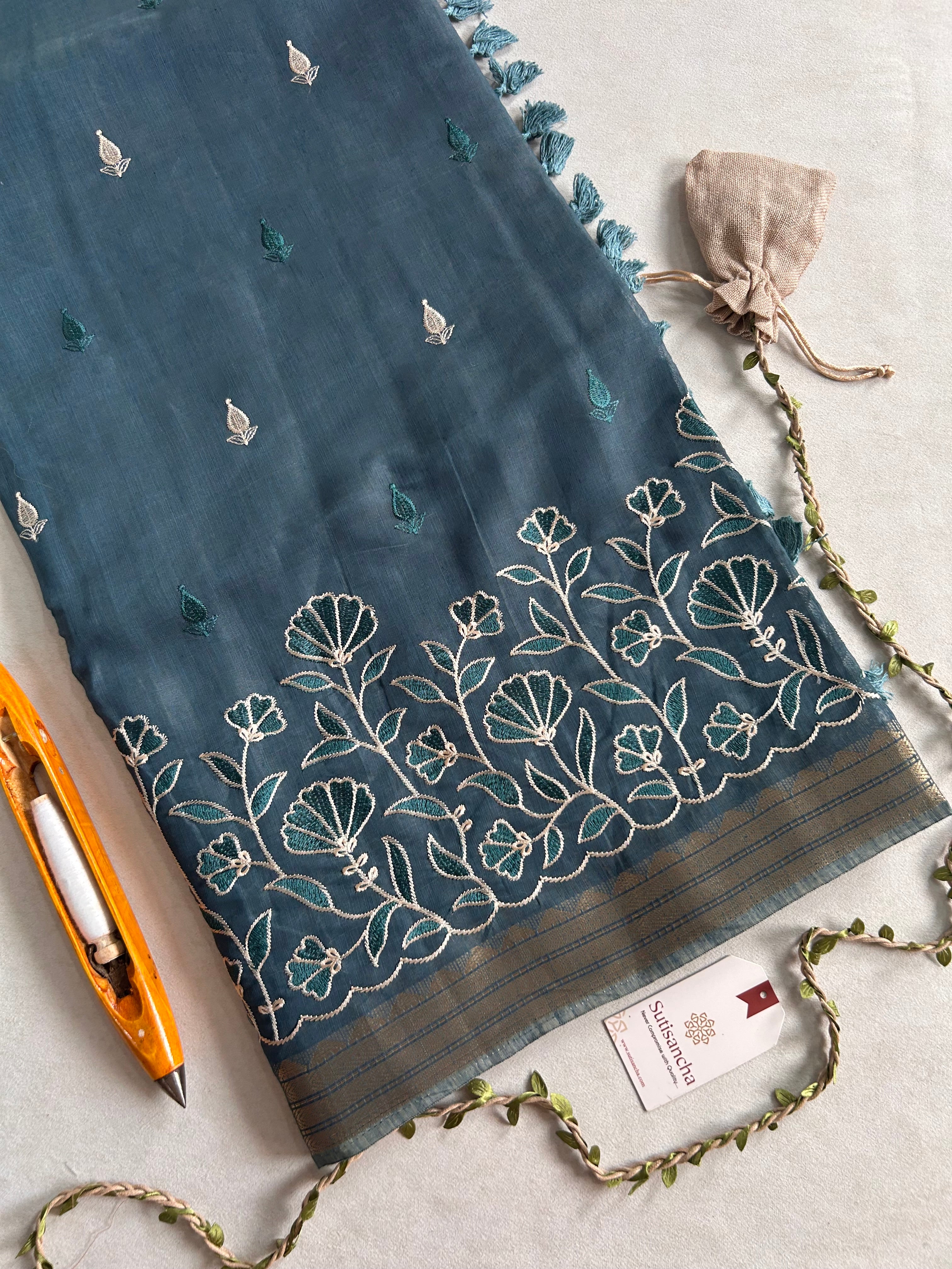 Ishani Botanical Cotton Saree Floral Thread Art