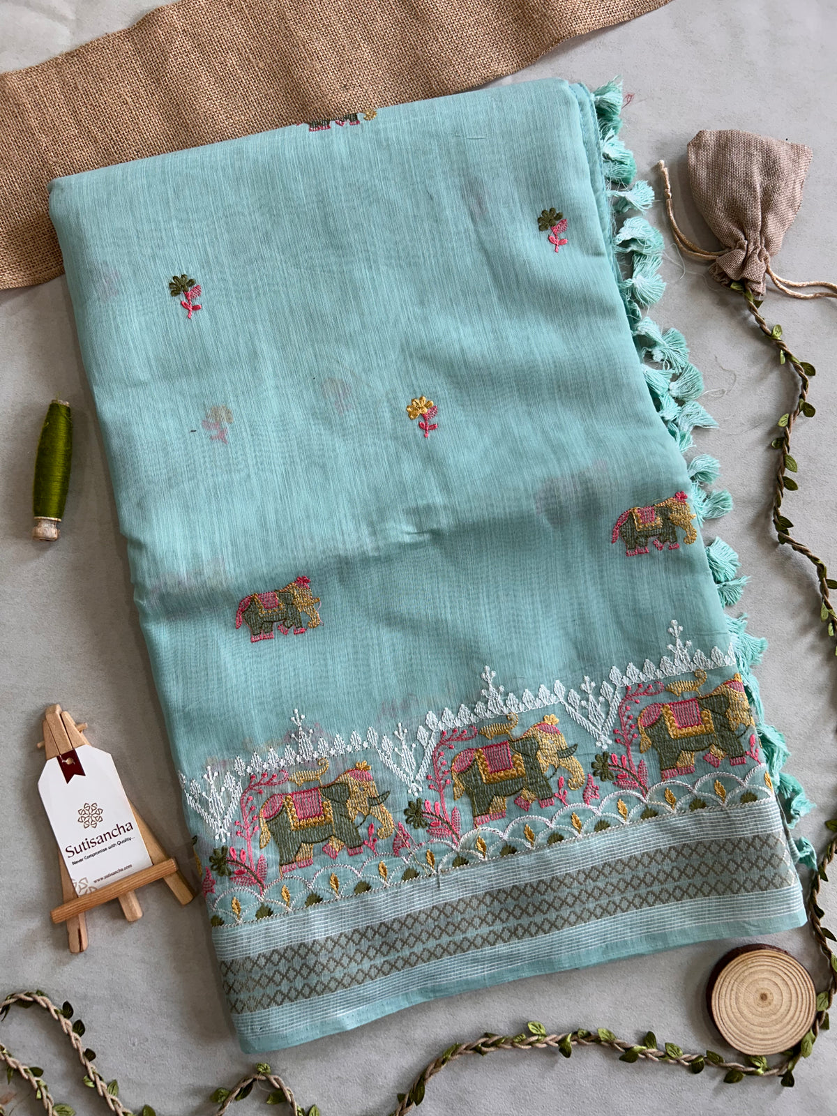 Elina Heritage Cotton Saree Elephant Floral Border Design