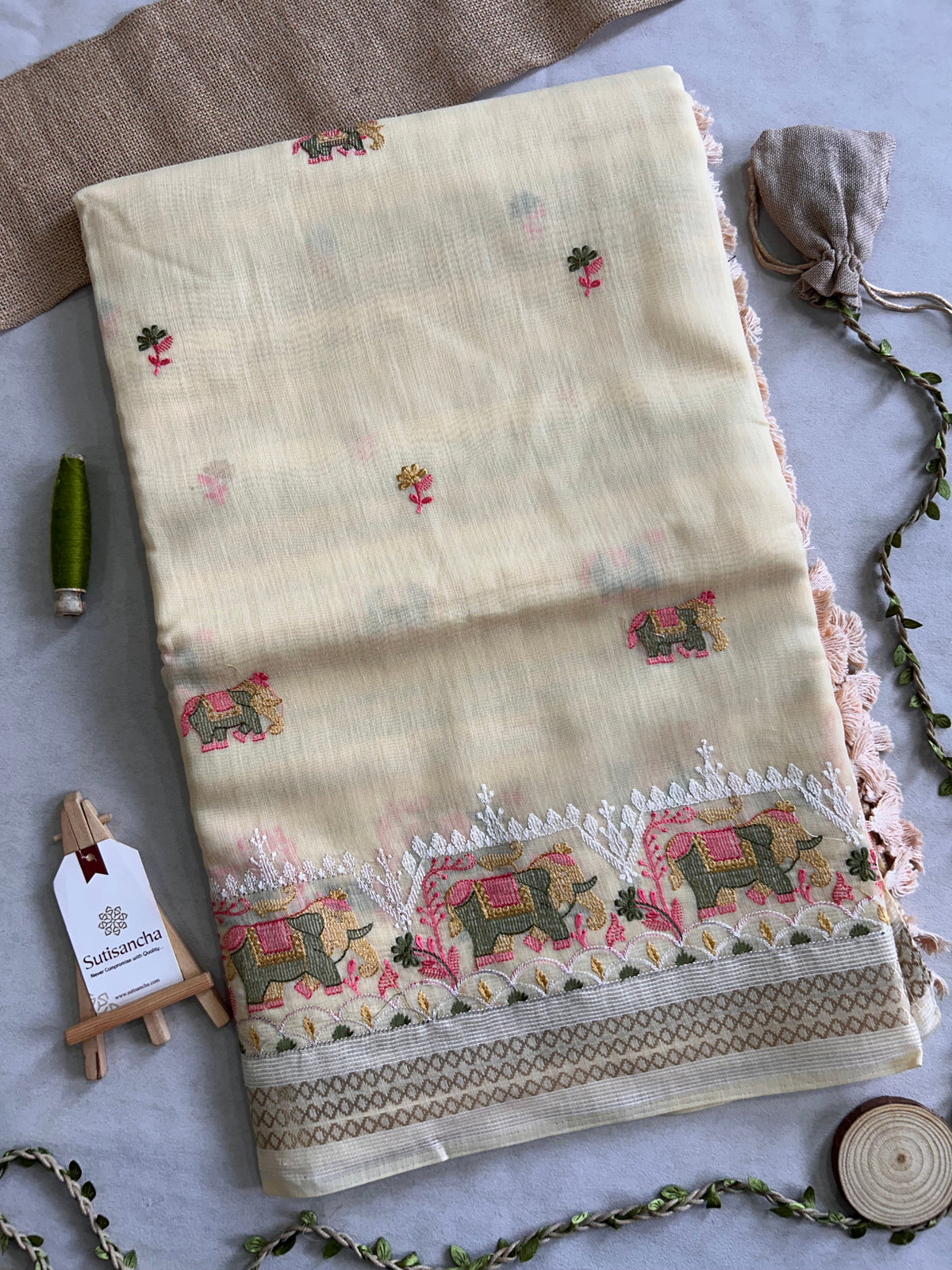 Elina Heritage Cotton Saree Elephant Floral Border Design