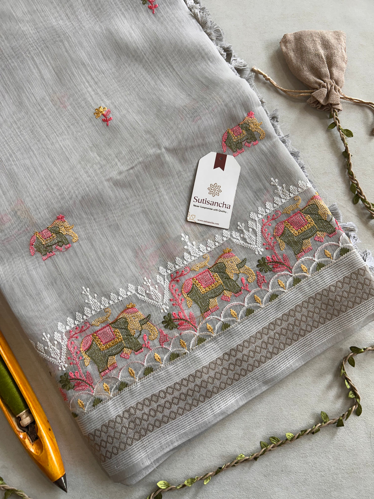 Elina Heritage Cotton Saree Elephant Floral Border Design