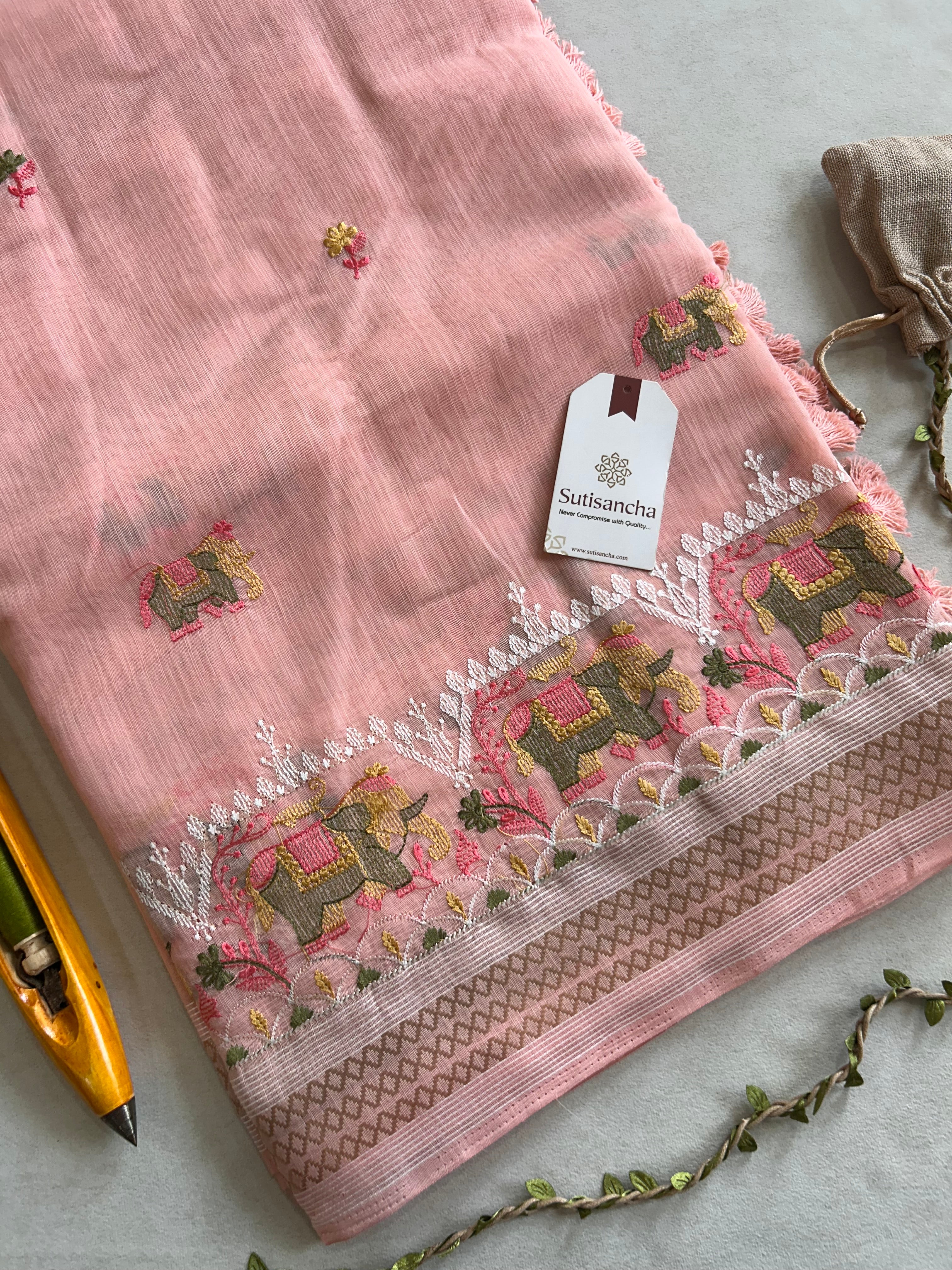 Elina Heritage Cotton Saree Elephant Floral Border Design