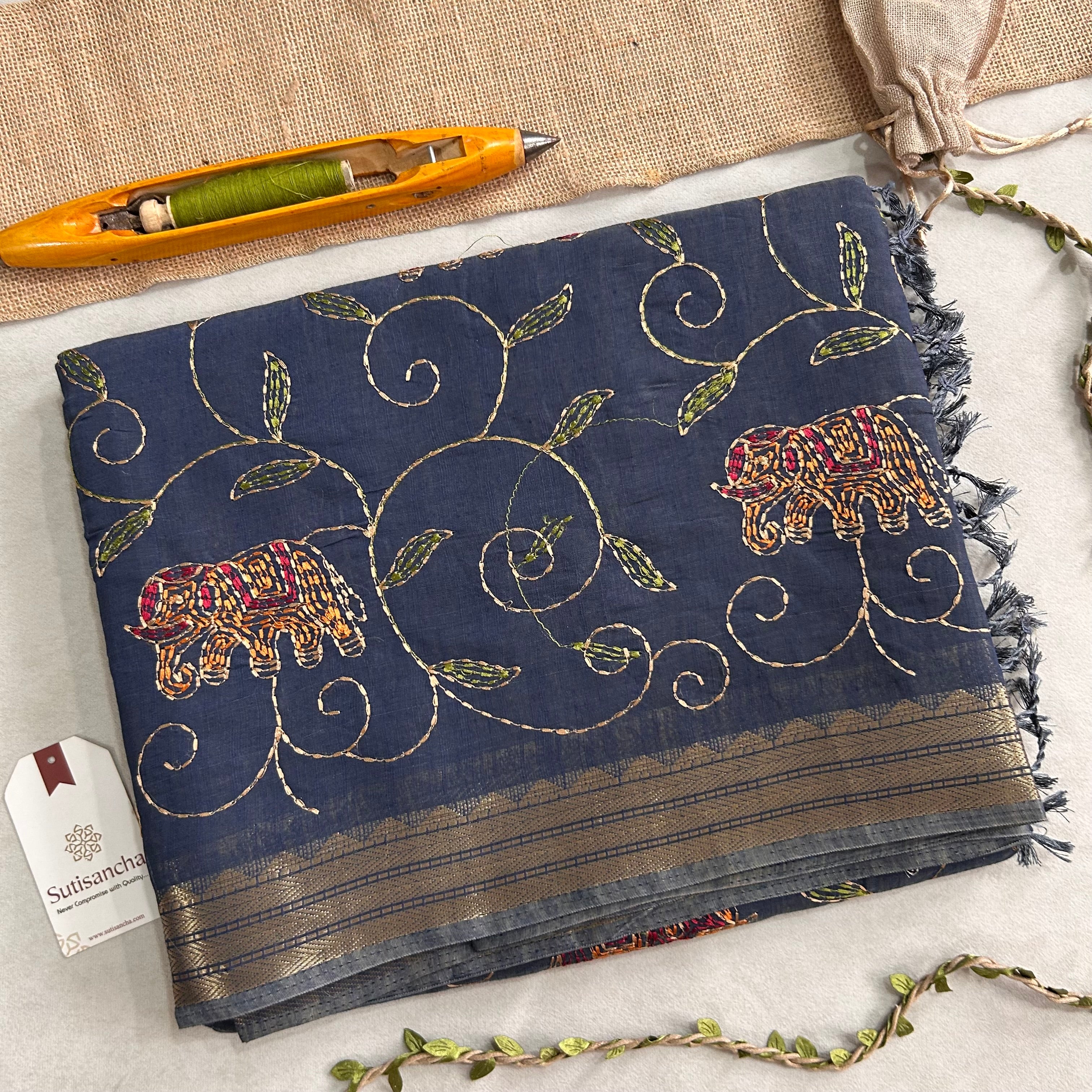 Gajini Heritage Cotton Saree Elephant Vine Design
