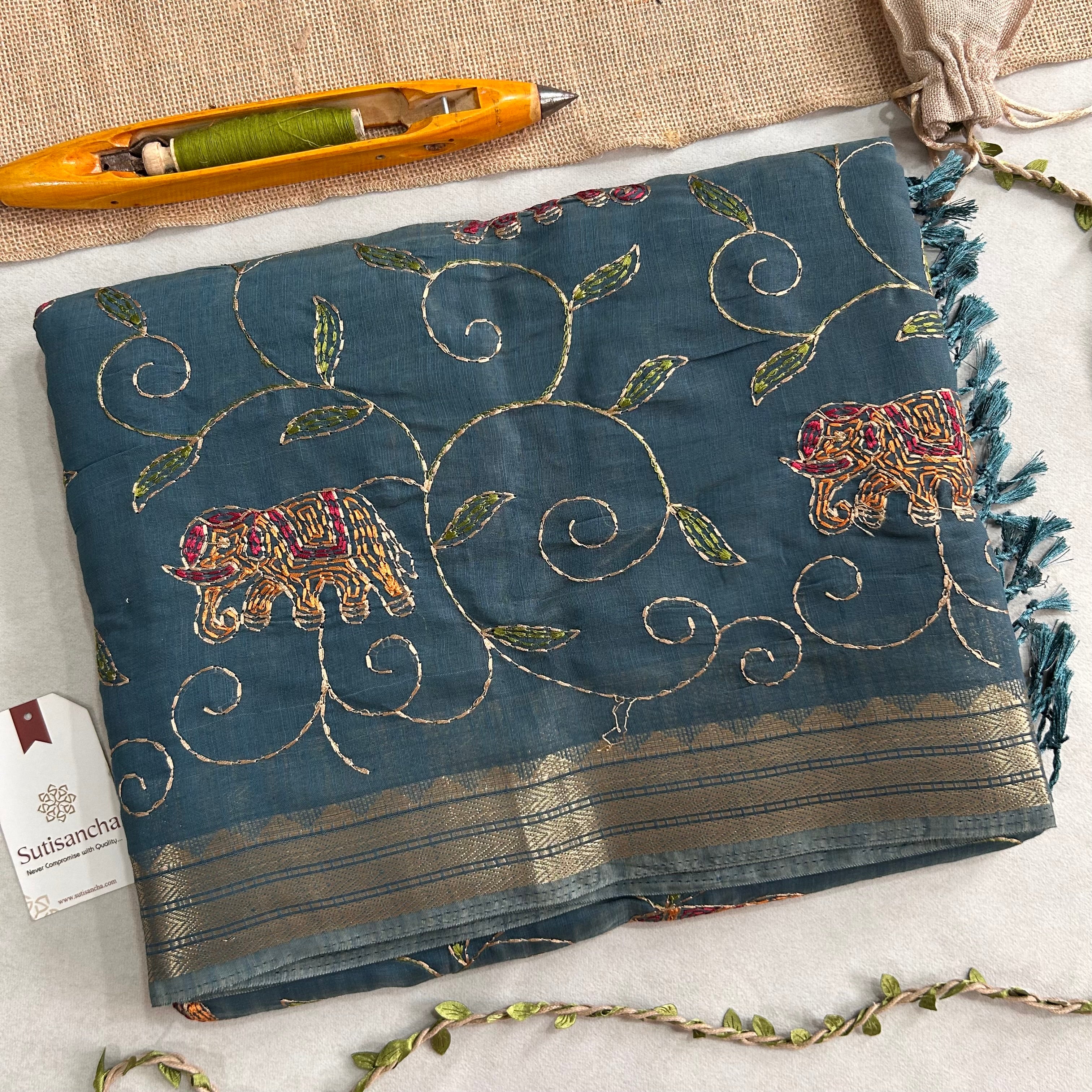 Gajini Heritage Cotton Saree Elephant Vine Design