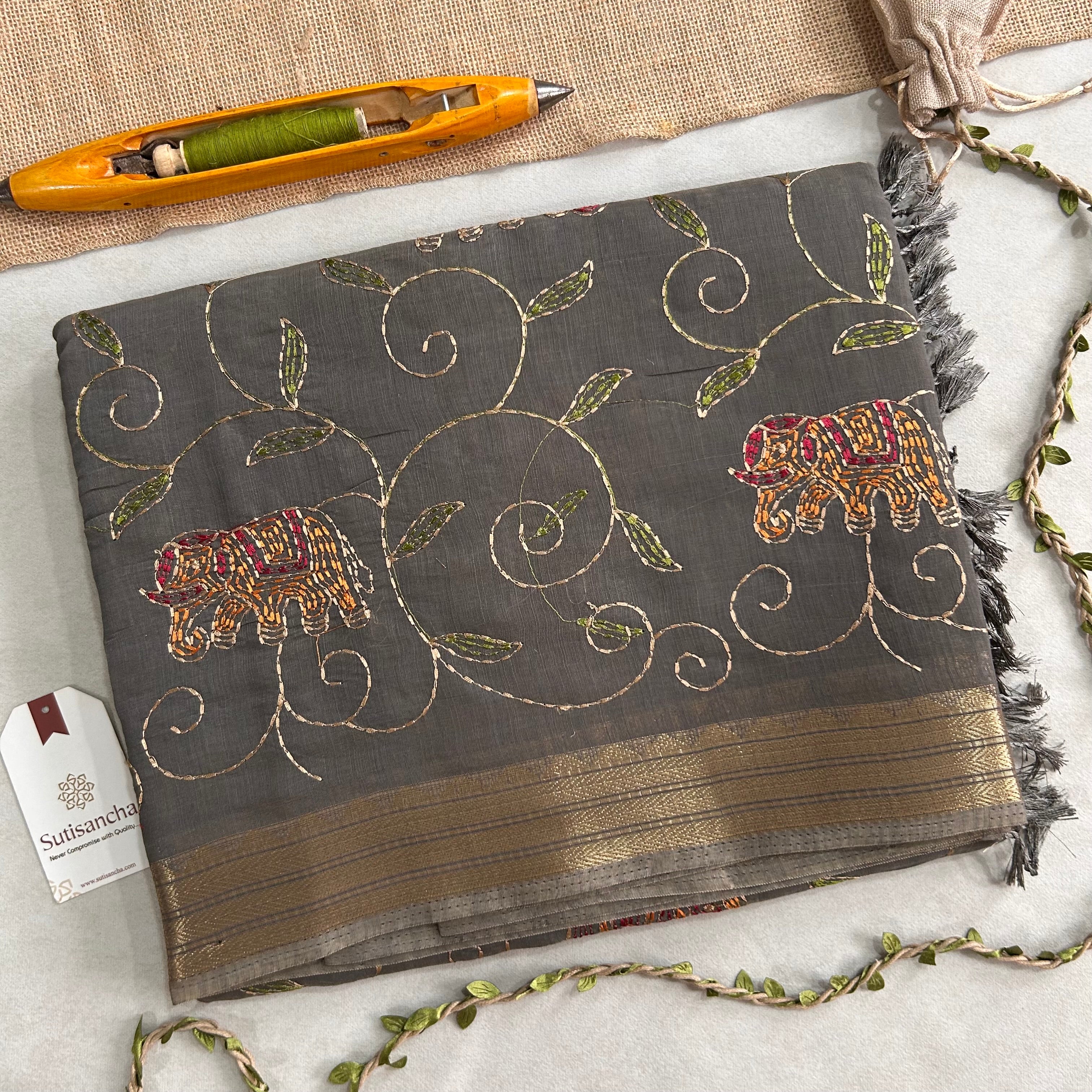 Gajini Heritage Cotton Saree Elephant Vine Design
