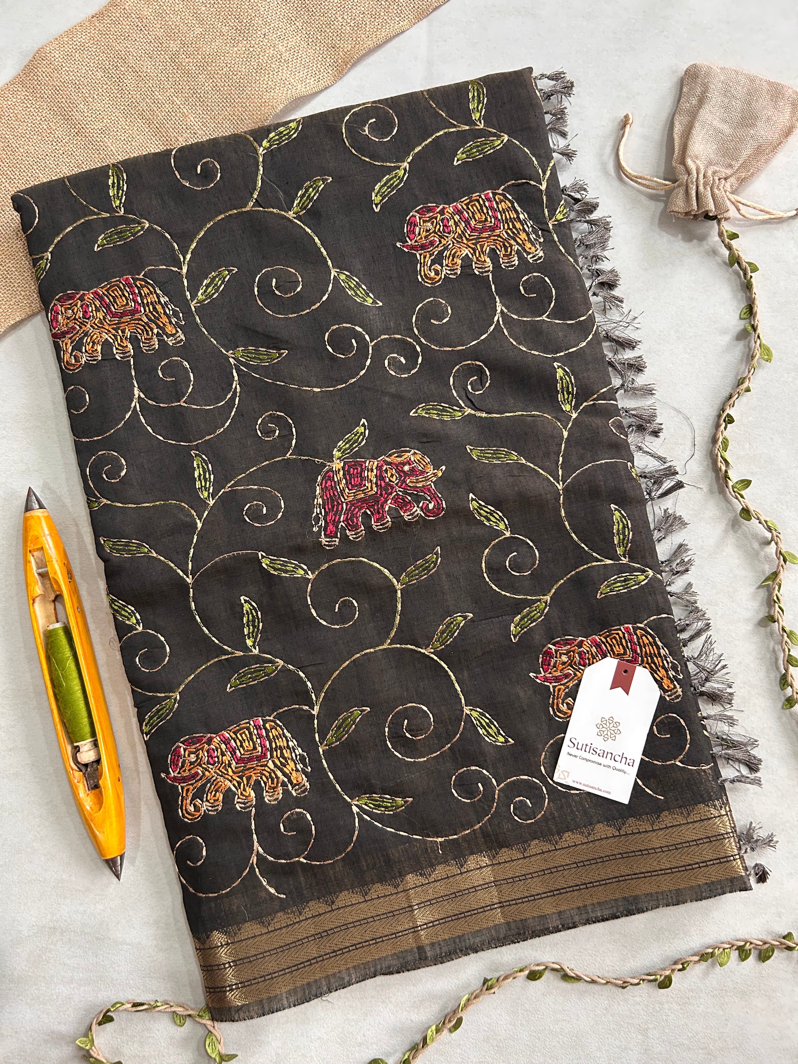 Gajini Heritage Cotton Saree Elephant Vine Design
