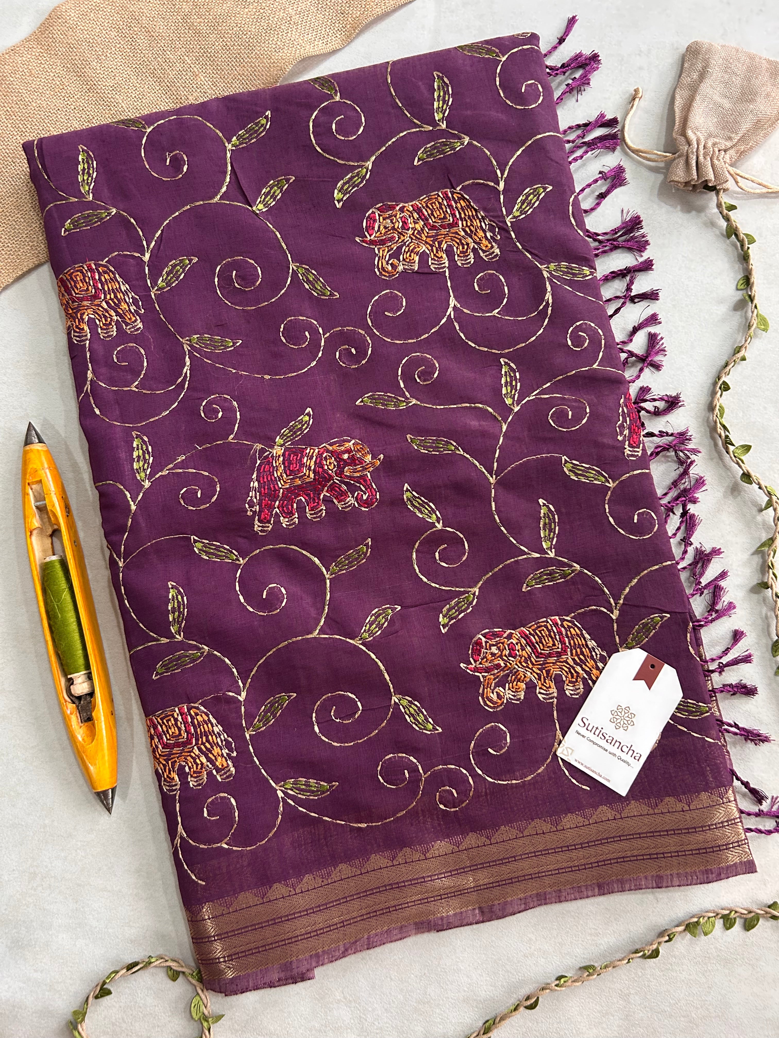 Gajini Heritage Cotton Saree Elephant Vine Design