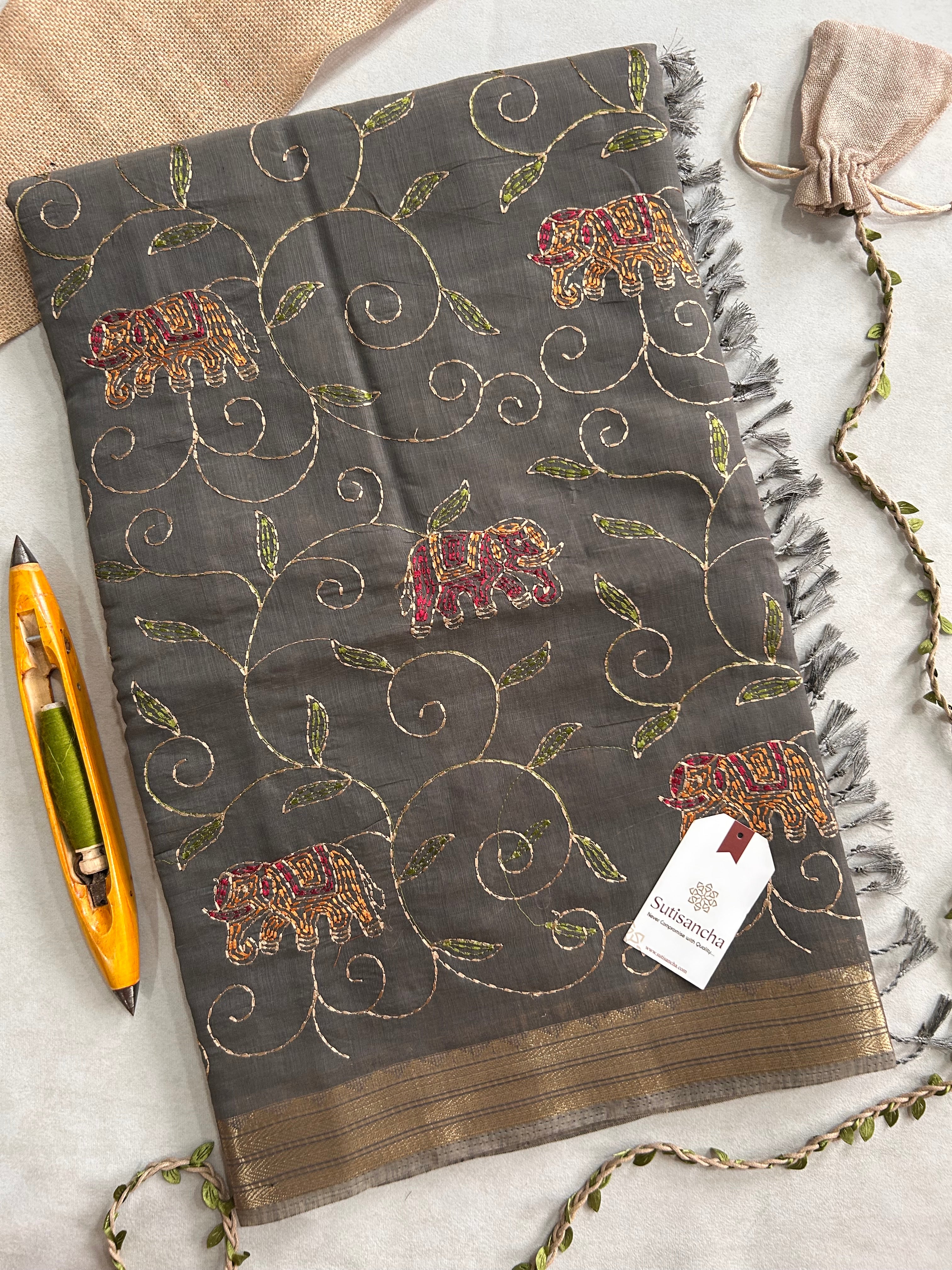 Gajini Heritage Cotton Saree Elephant Vine Design