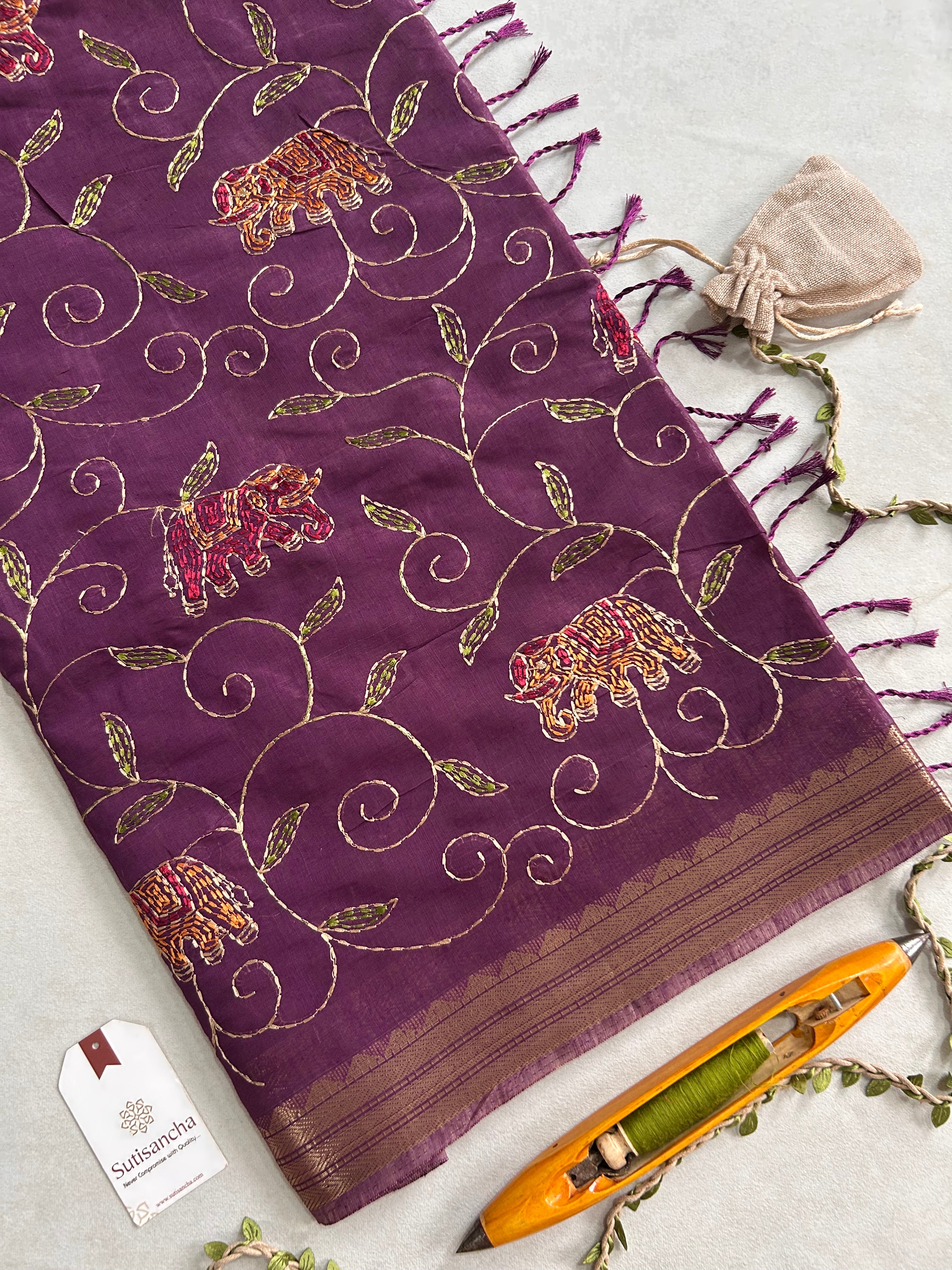 Gajini Heritage Cotton Saree Elephant Vine Design