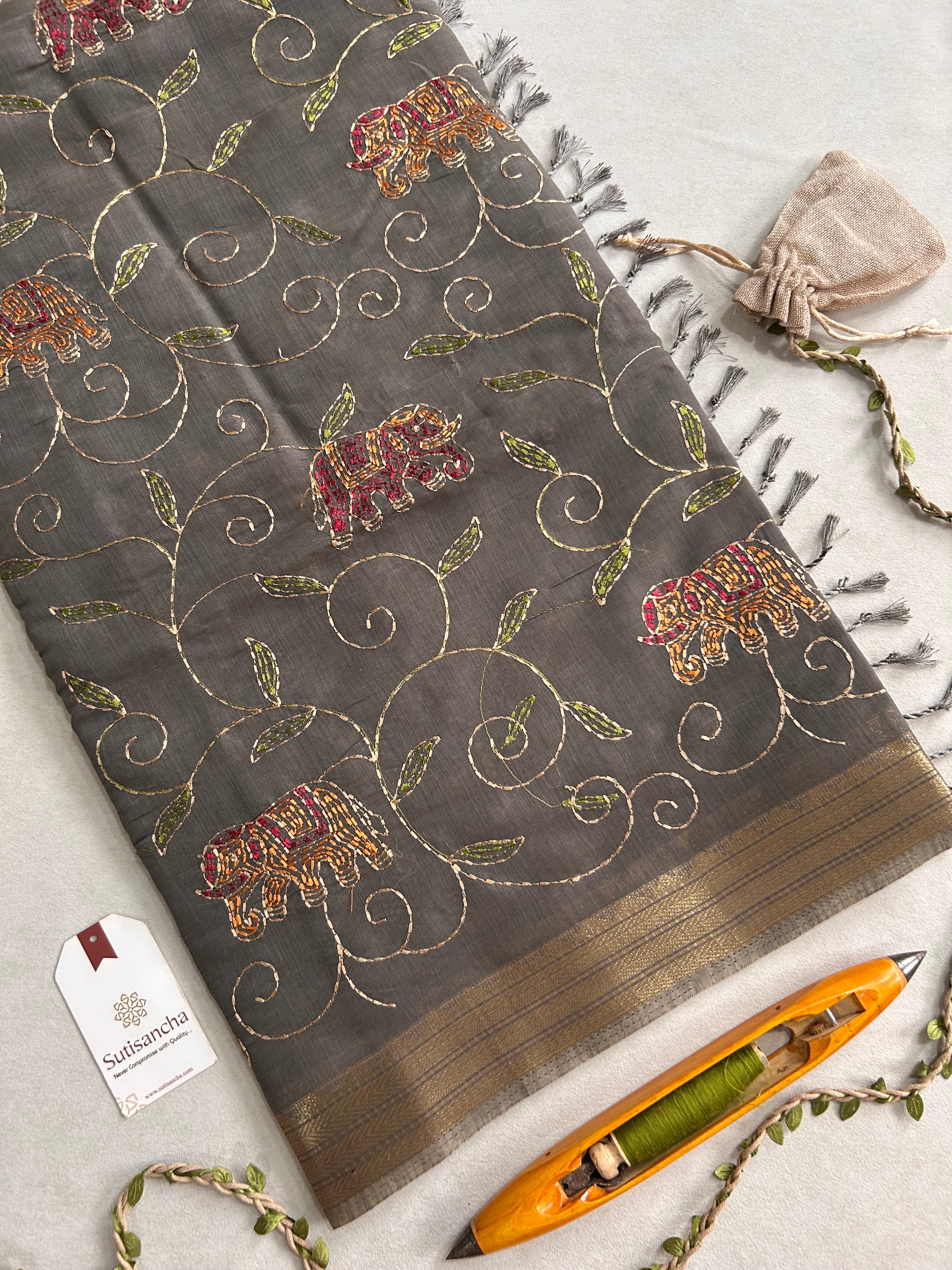 Gajini Heritage Cotton Saree Elephant Vine Design