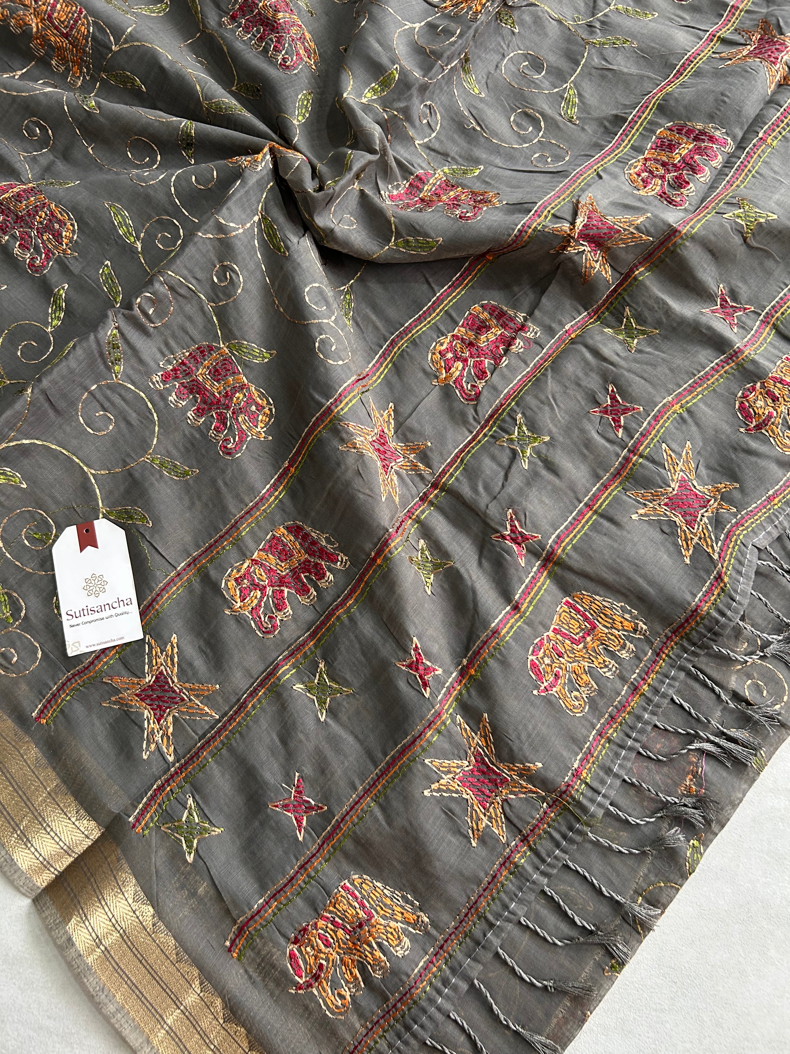 Gajini Heritage Cotton Saree Elephant Vine Design