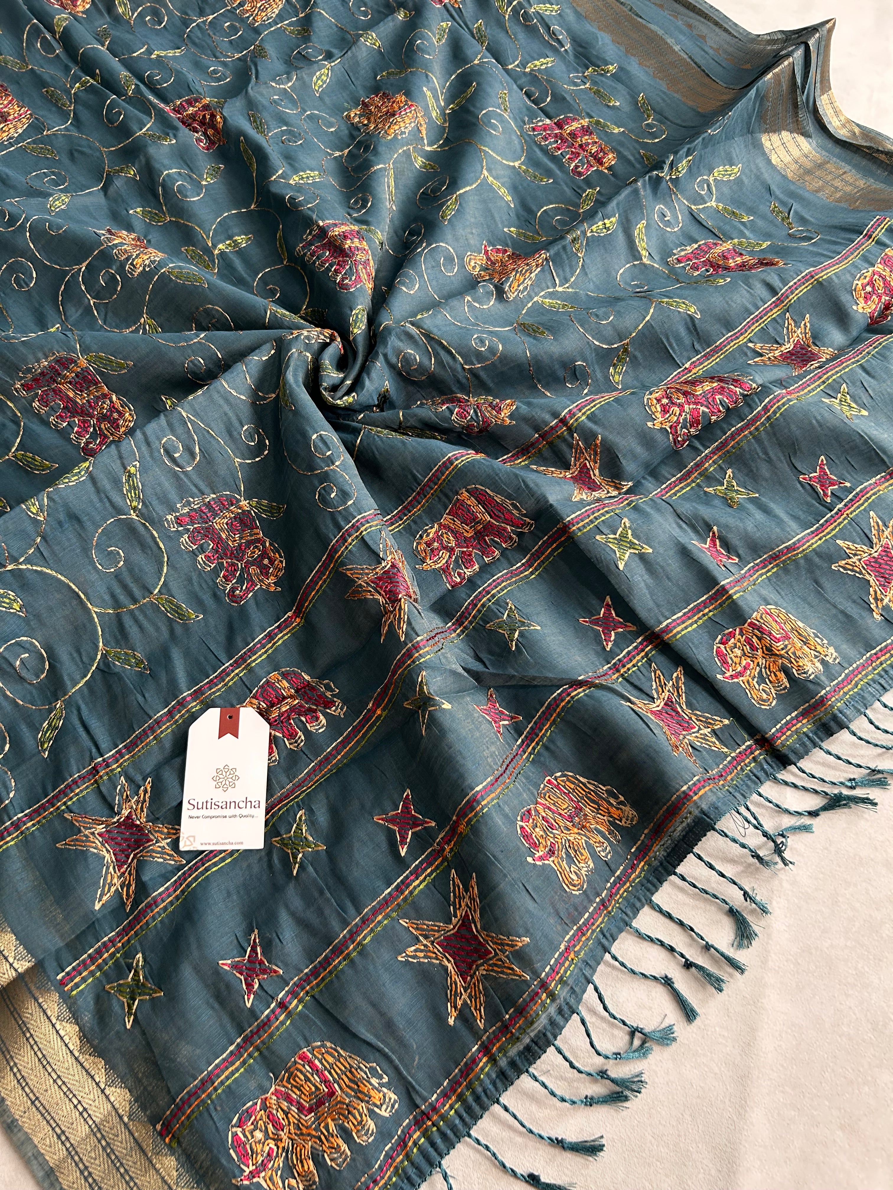 Gajini Heritage Cotton Saree Elephant Vine Design