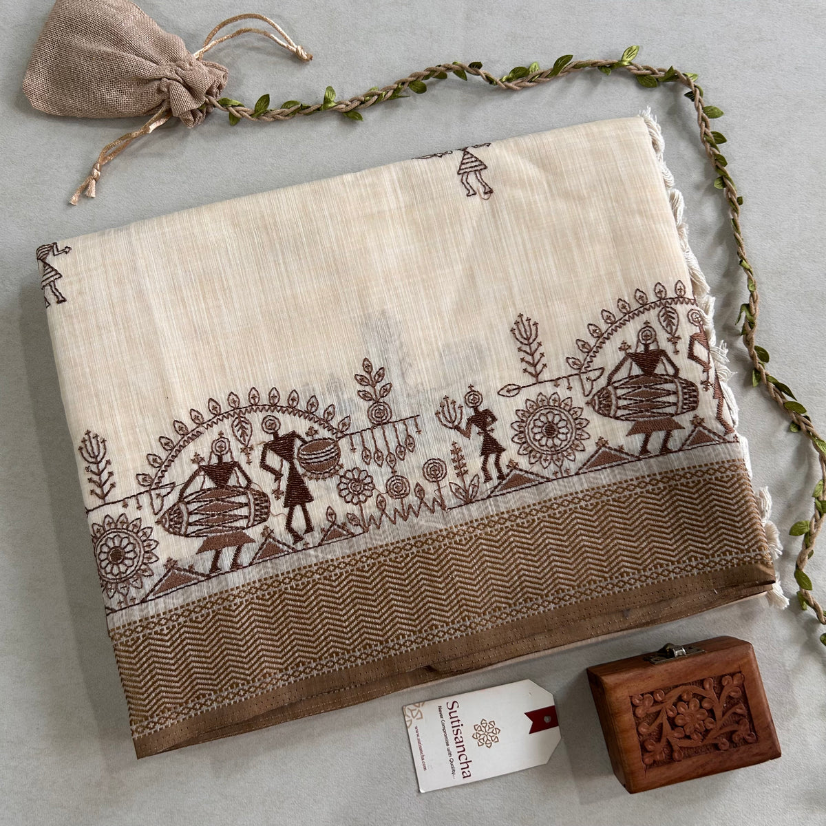 Pushvi Heritage Cotton Saree Folk Story Border Design
