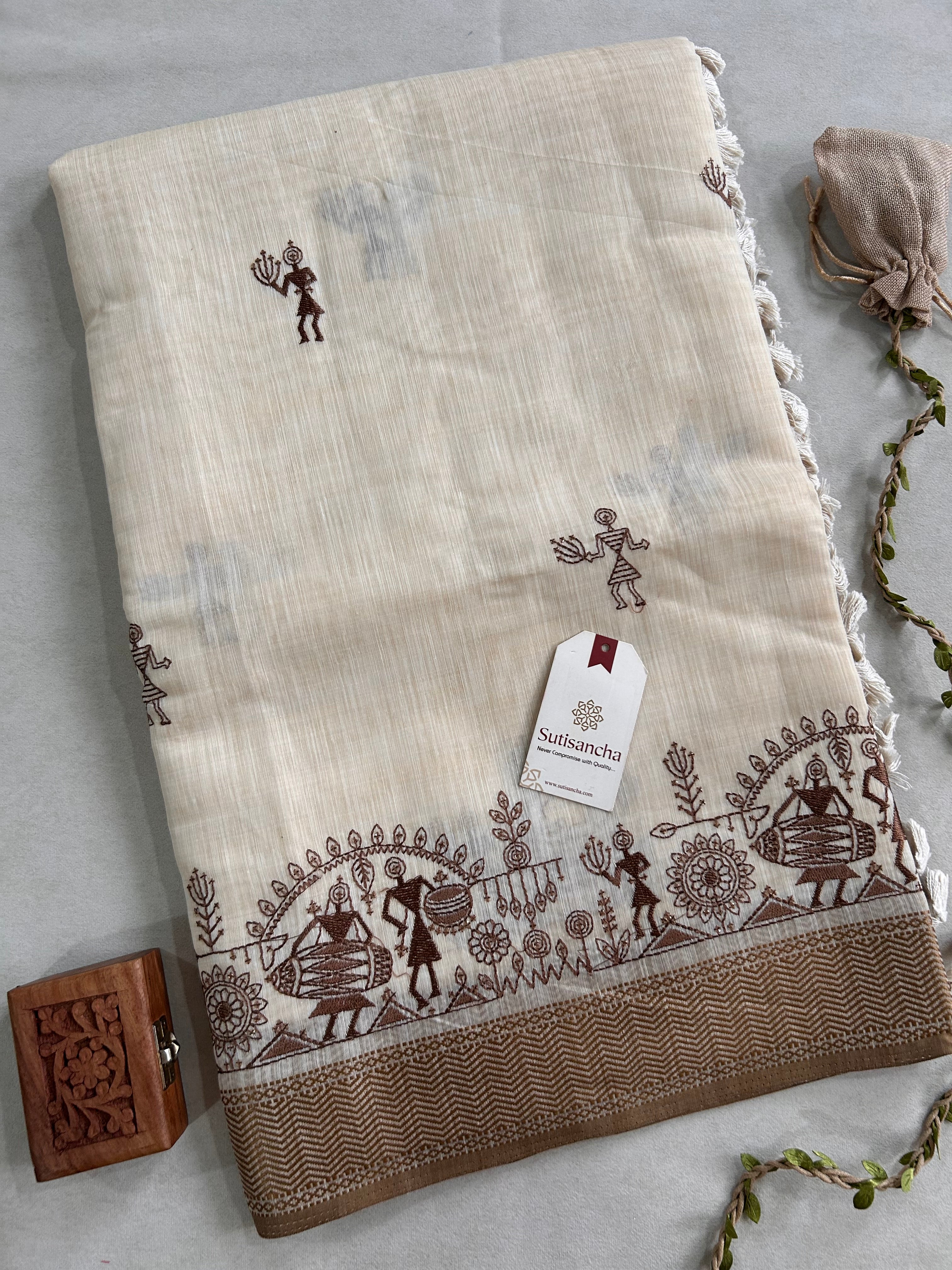 Pushvi Heritage Cotton Saree Folk Story Border Design
