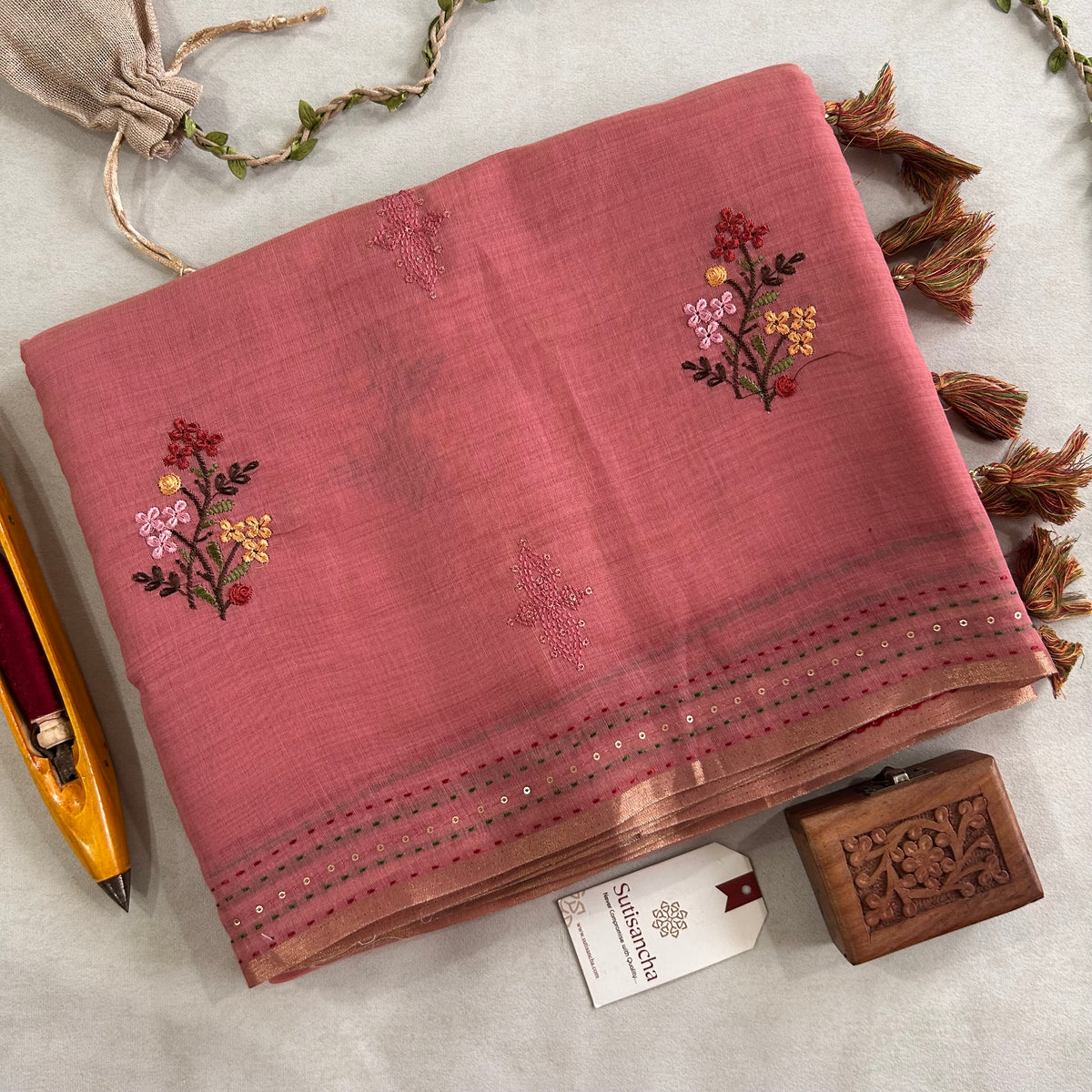 Inaya Heritage Cotton Saree Floral Kantha Pallu Design