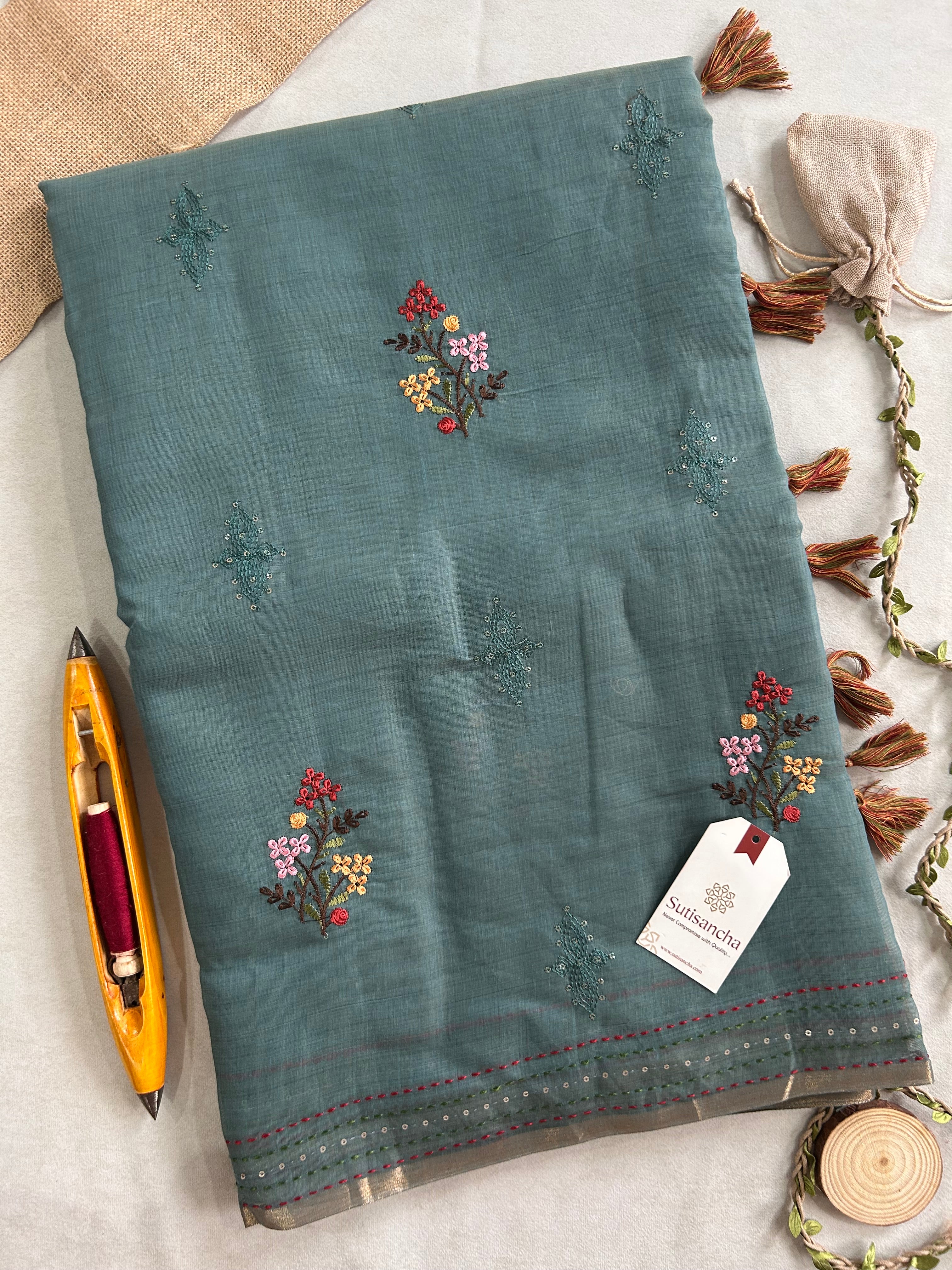 Inaya Heritage Cotton Saree Floral Kantha Pallu Design
