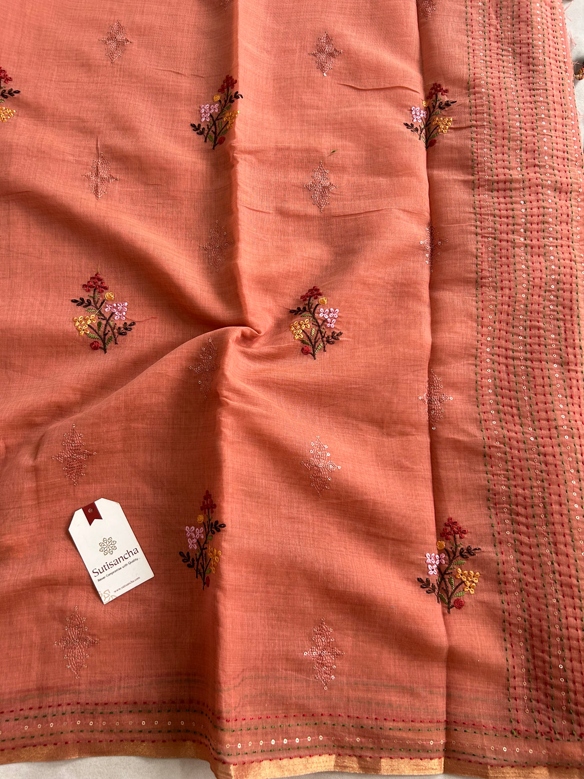 Inaya Heritage Cotton Saree Floral Kantha Pallu Design