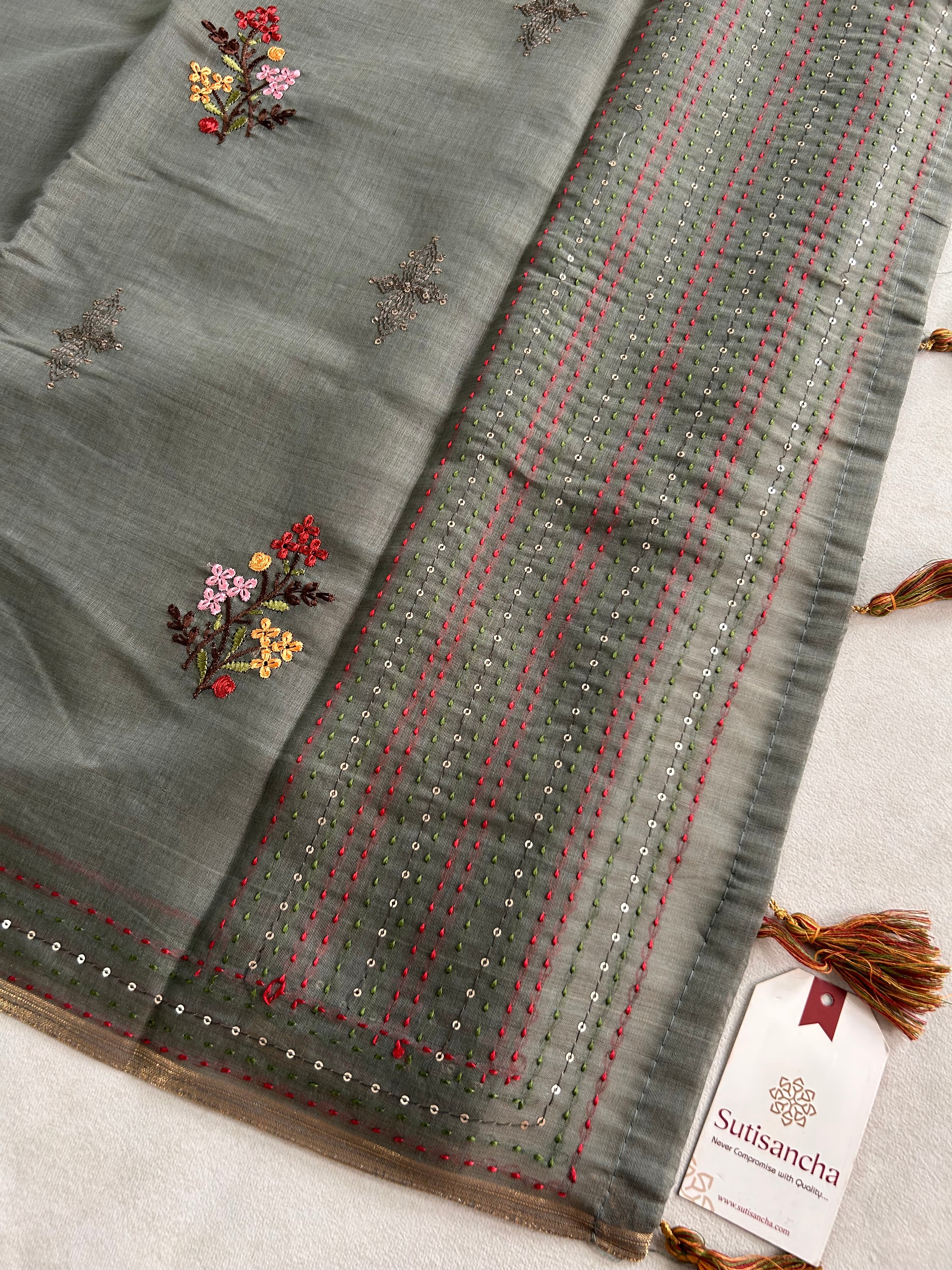 Inaya Heritage Cotton Saree Floral Kantha Pallu Design