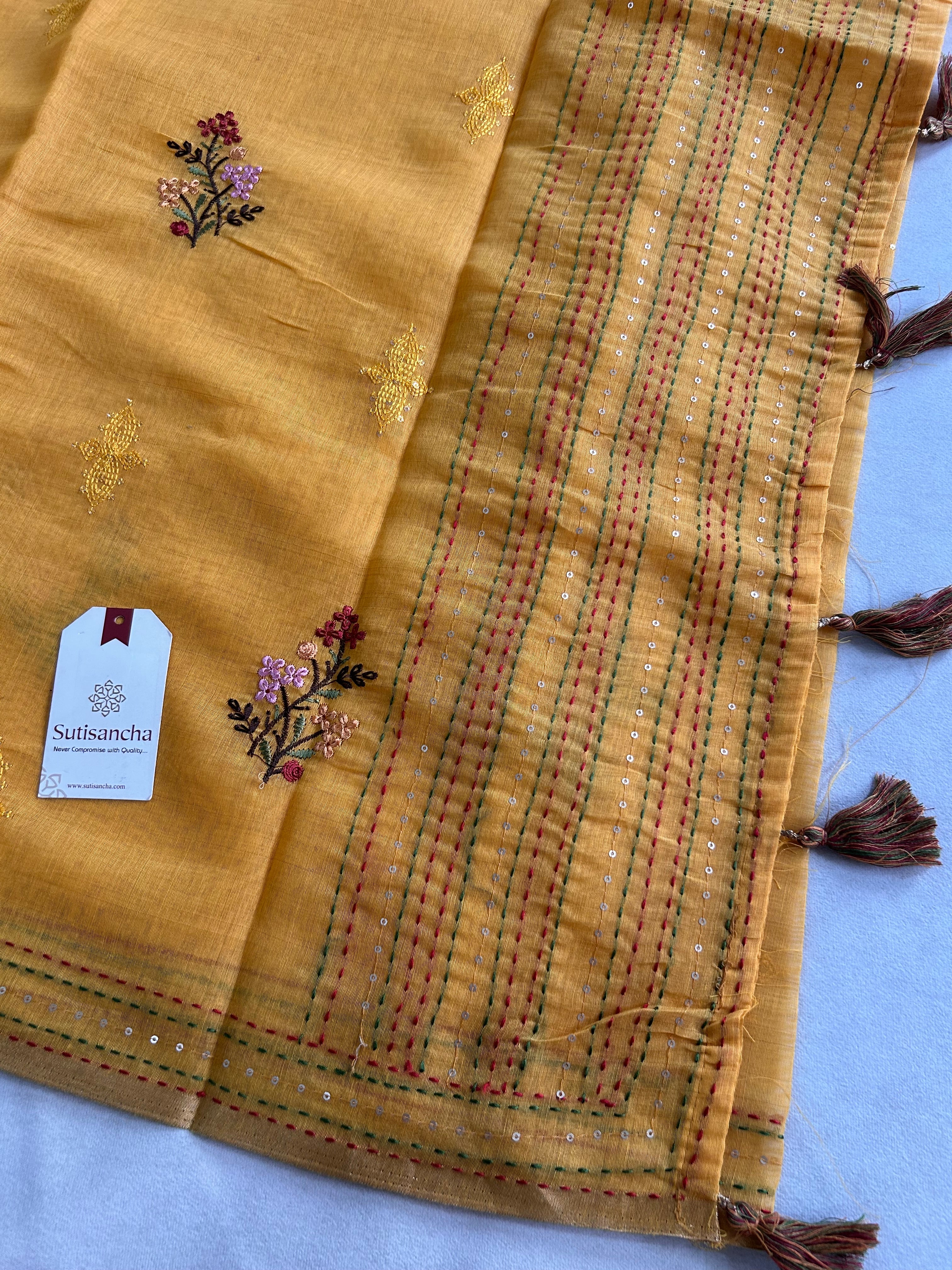 Inaya Heritage Cotton Saree Floral Kantha Pallu Design