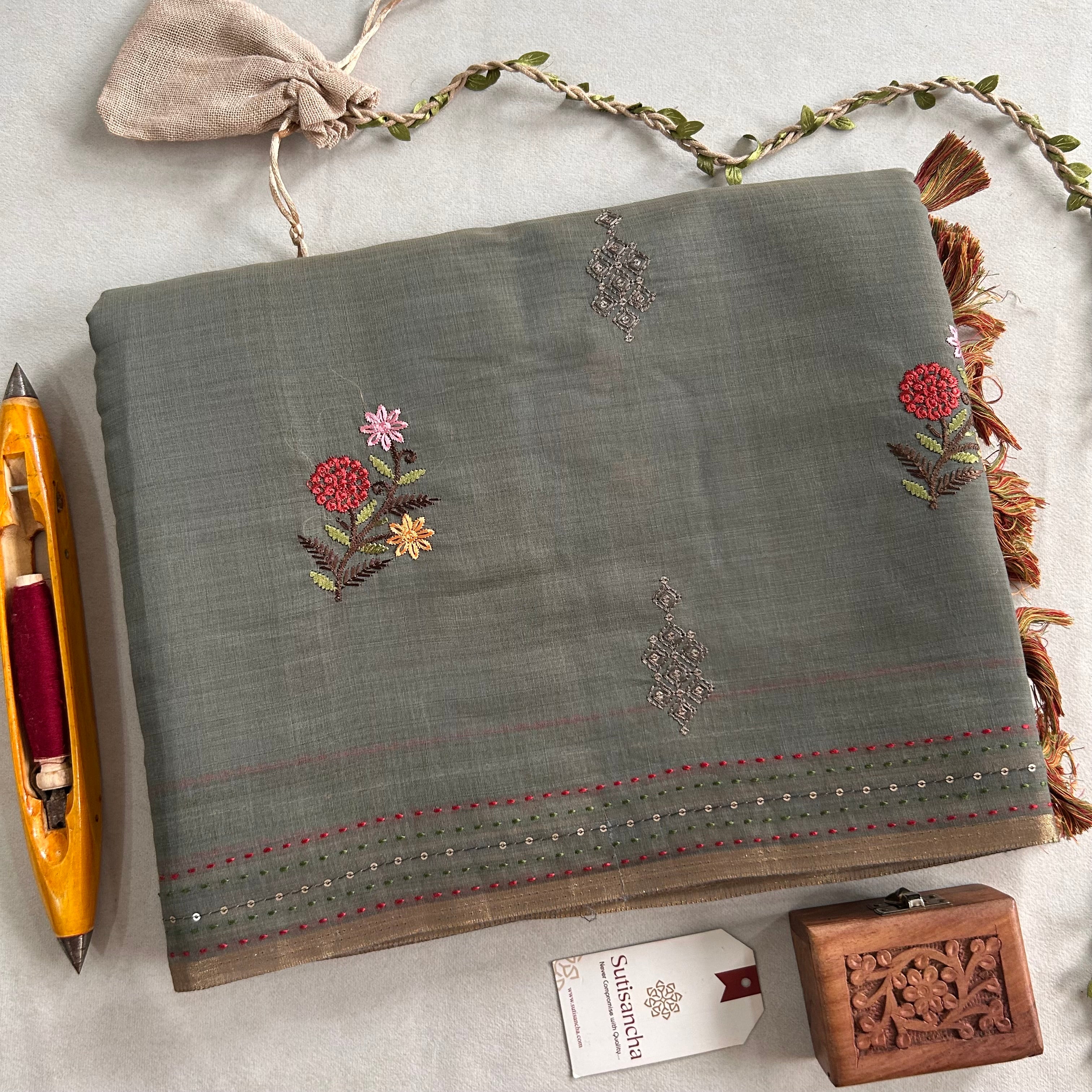 Rivaa Heritage Cotton Saree Floral Kantha Pallu Design