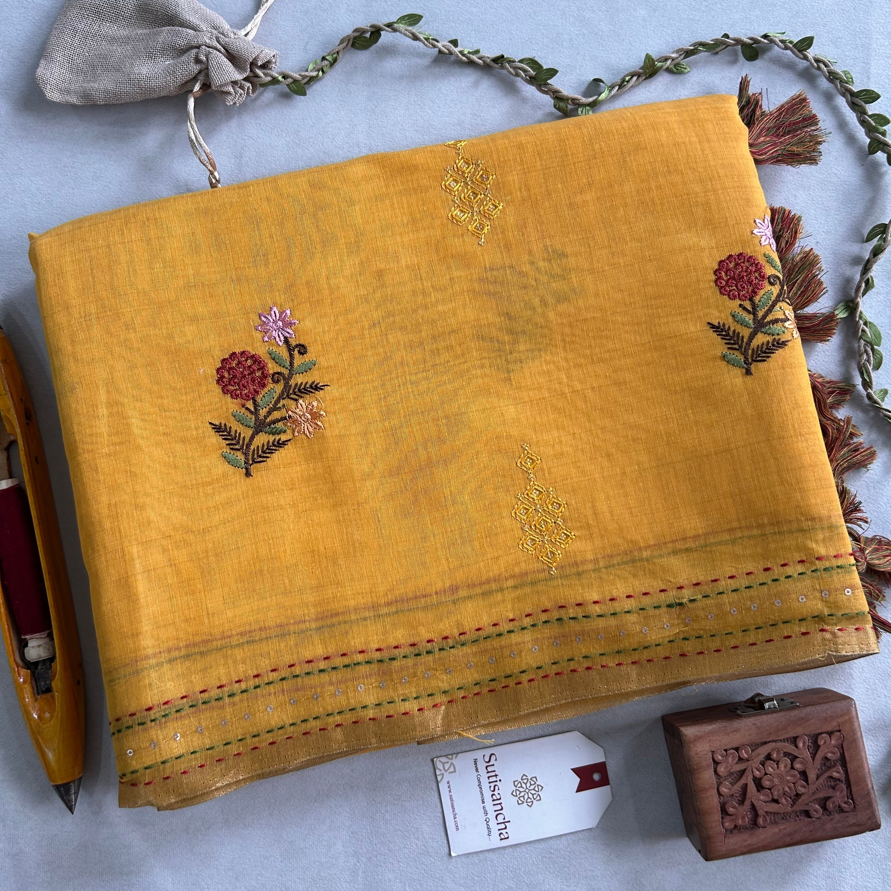 Rivaa Heritage Cotton Saree Floral Kantha Pallu Design