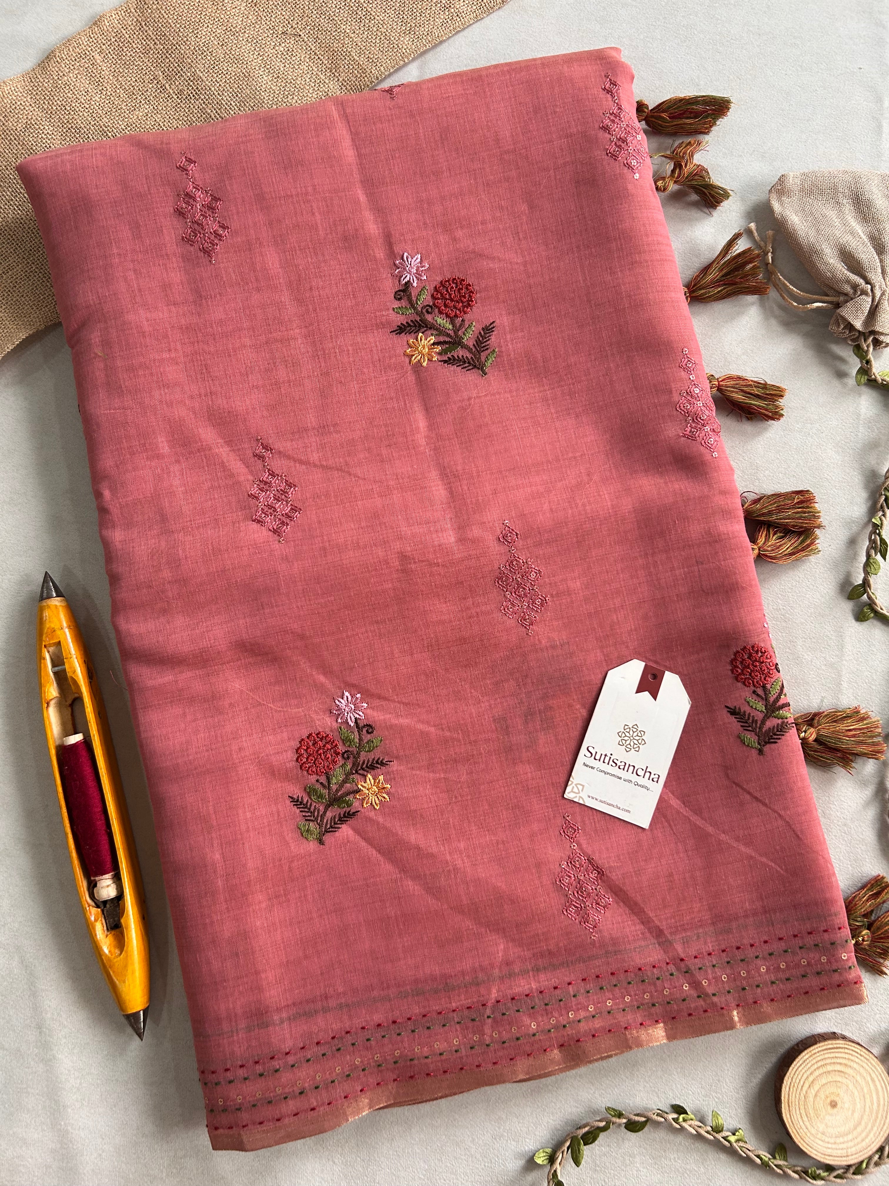 Rivaa Heritage Cotton Saree Floral Kantha Pallu Design