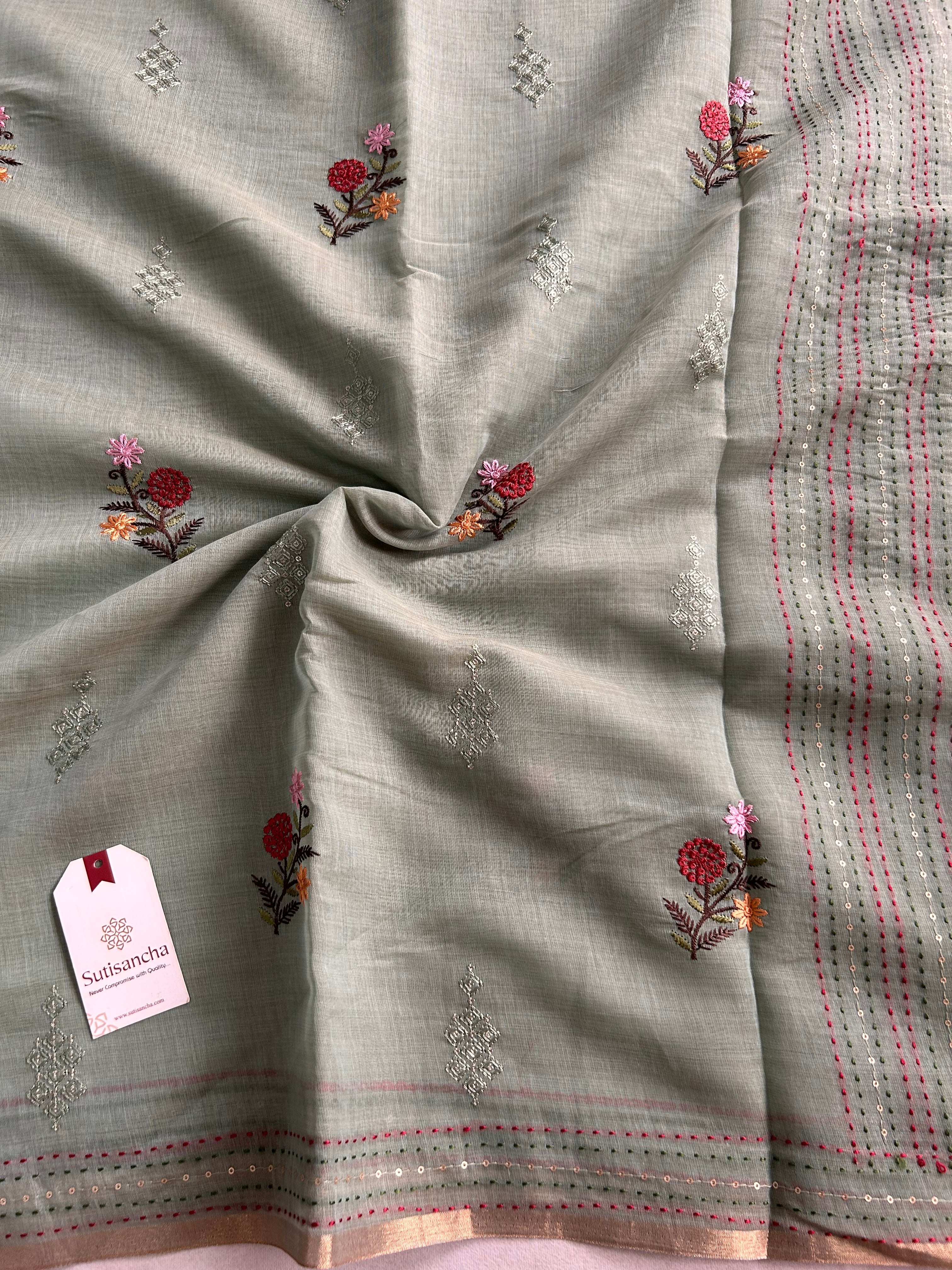 Rivaa Heritage Cotton Saree Floral Kantha Pallu Design
