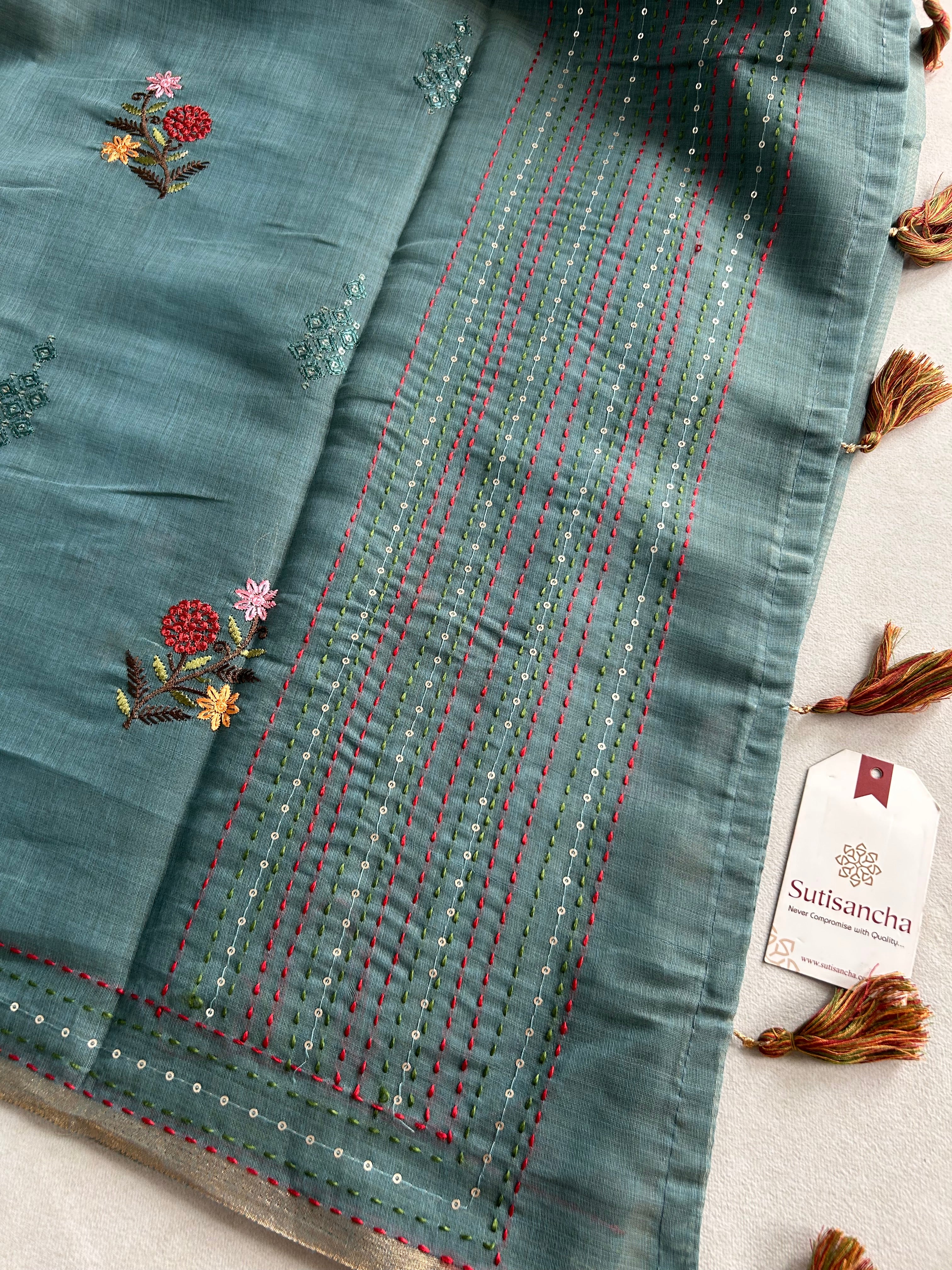Rivaa Heritage Cotton Saree Floral Kantha Pallu Design