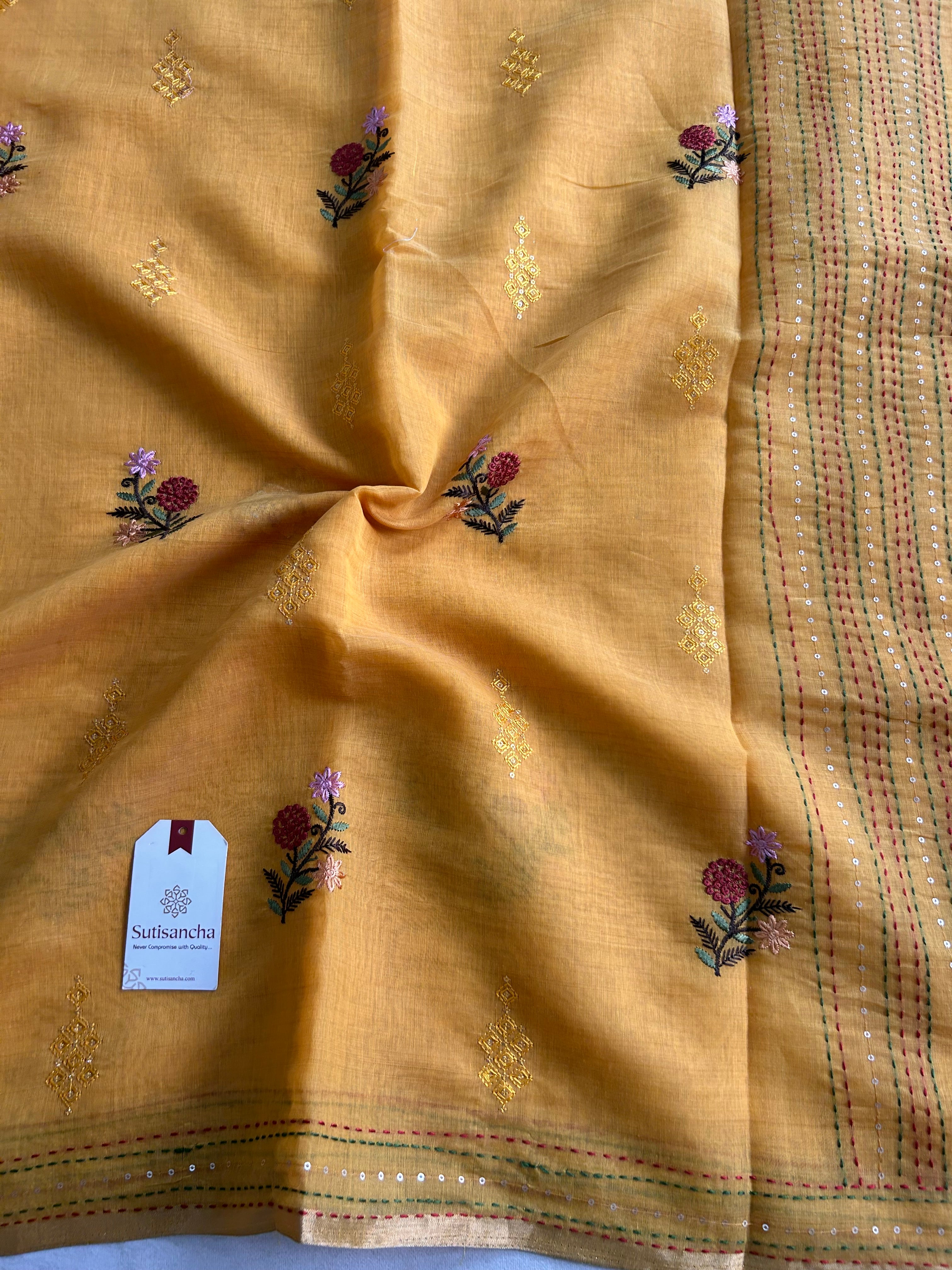 Rivaa Heritage Cotton Saree Floral Kantha Pallu Design
