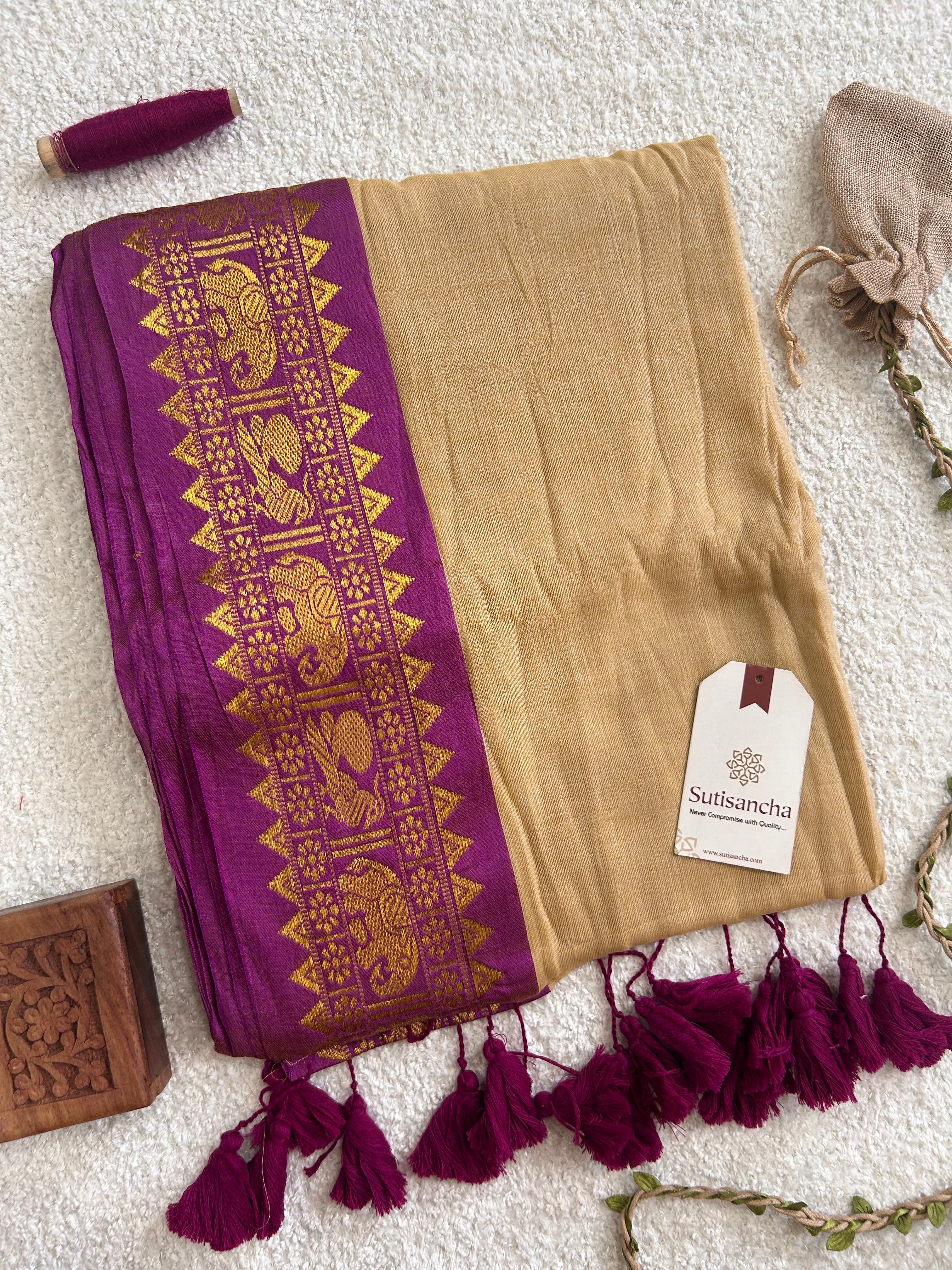 Mulaya Heritage Mul Cotton Saree Ornamental Contrast Border