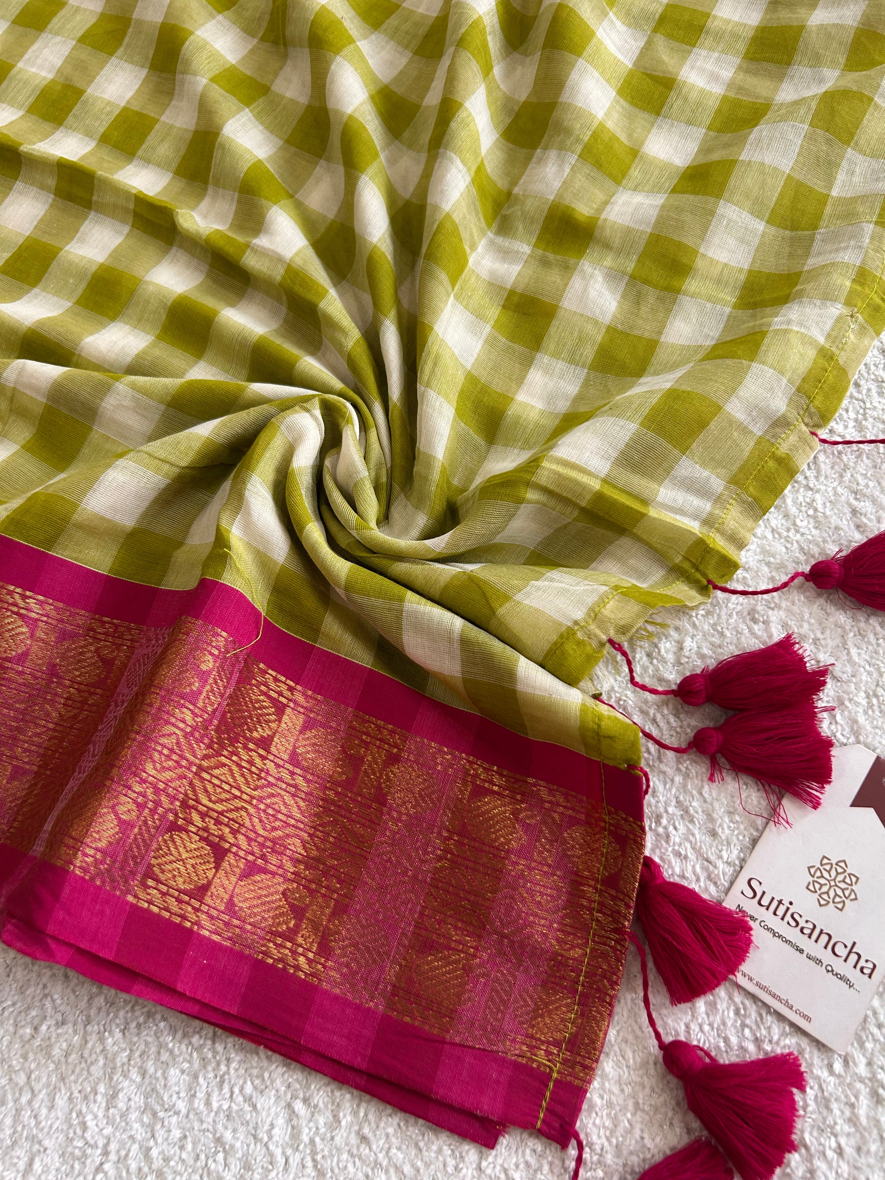 Mulaya Heritage Mul Cotton Saree Gingham Zari Border