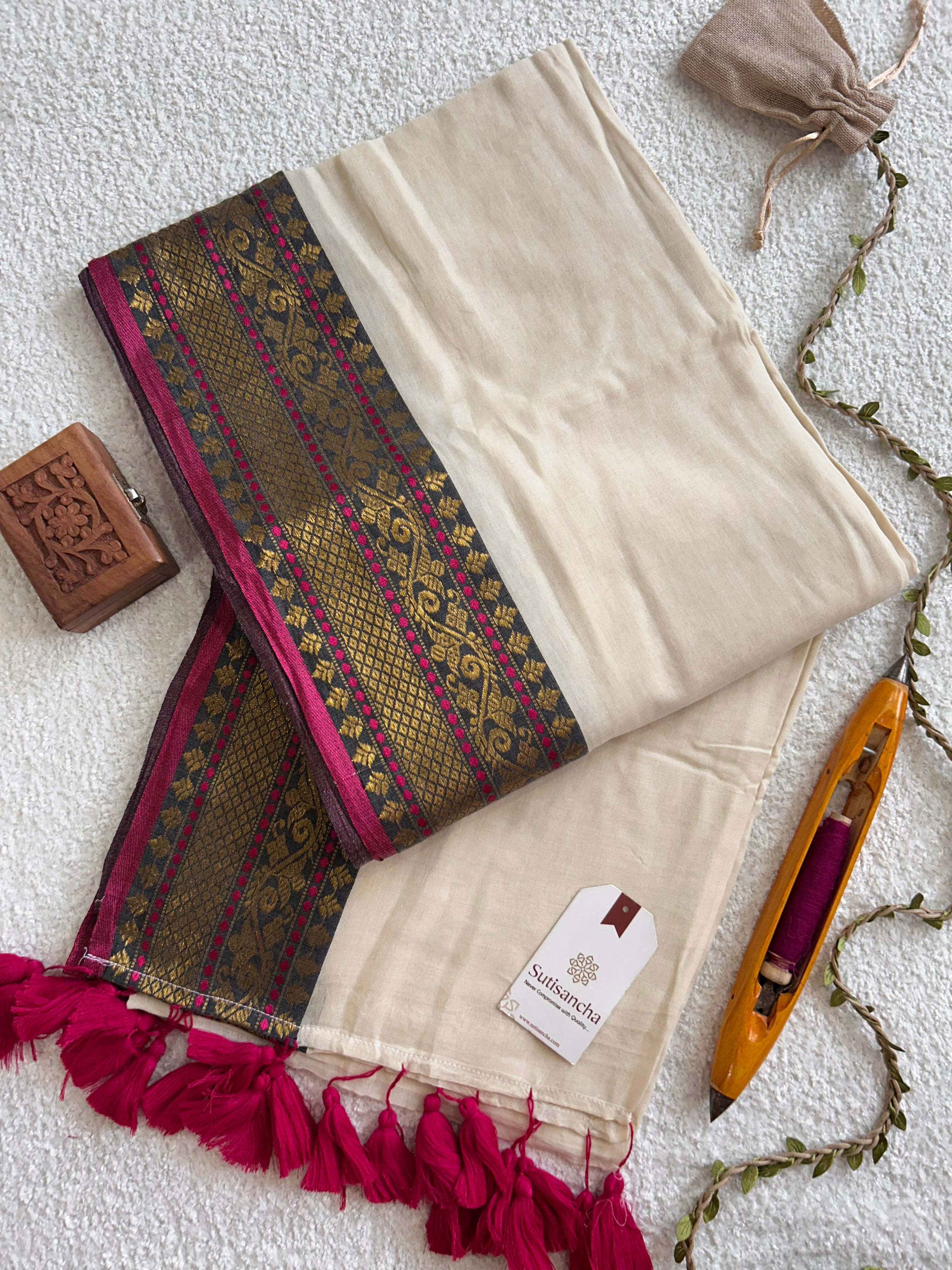 Mulaya Mul Cotton Saree – Heritage Woven Border Classic Drape