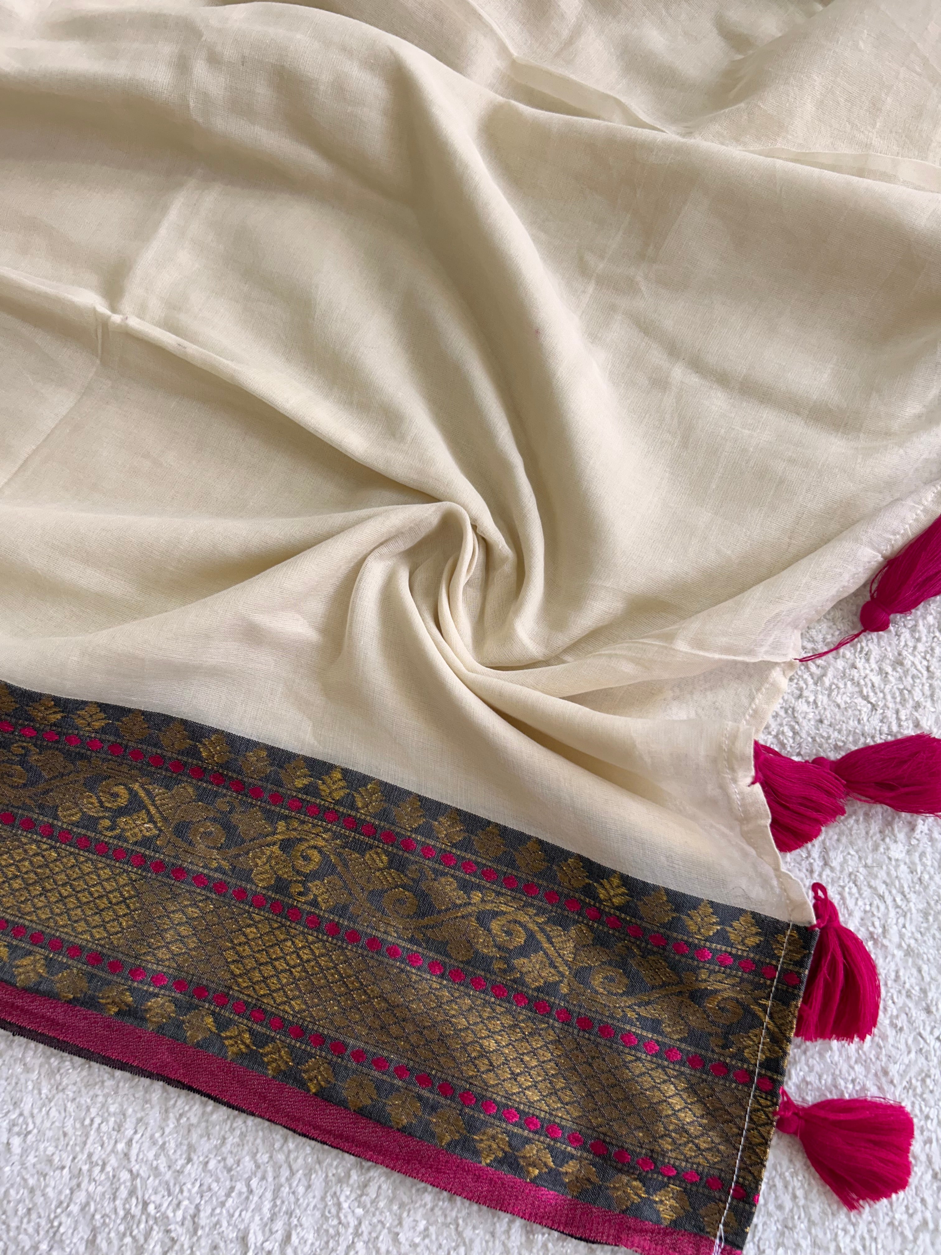 Mulaya Mul Cotton Saree – Heritage Woven Border Classic Drape