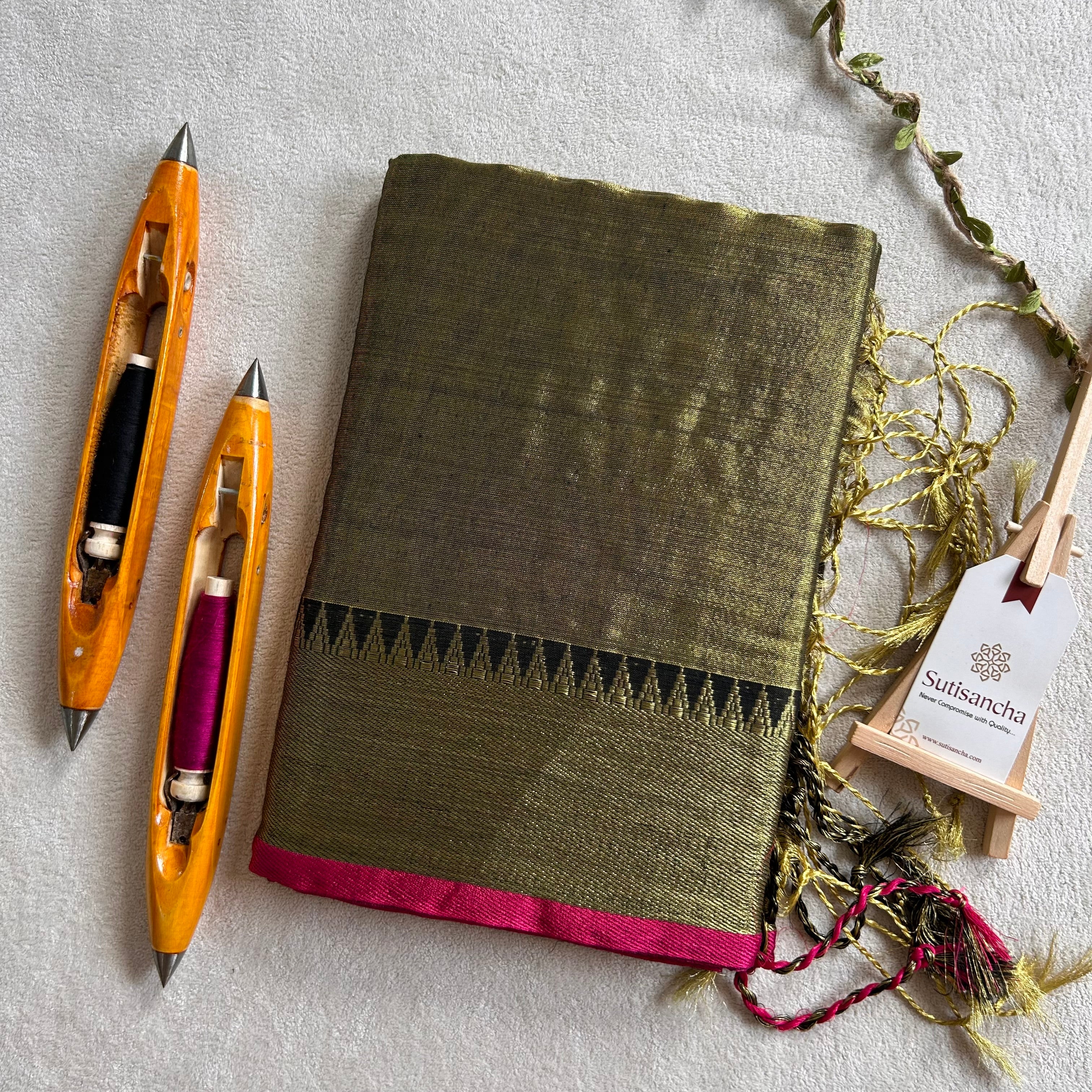 Sutisancha Mehndi Handloom Cotton Tissue Saree