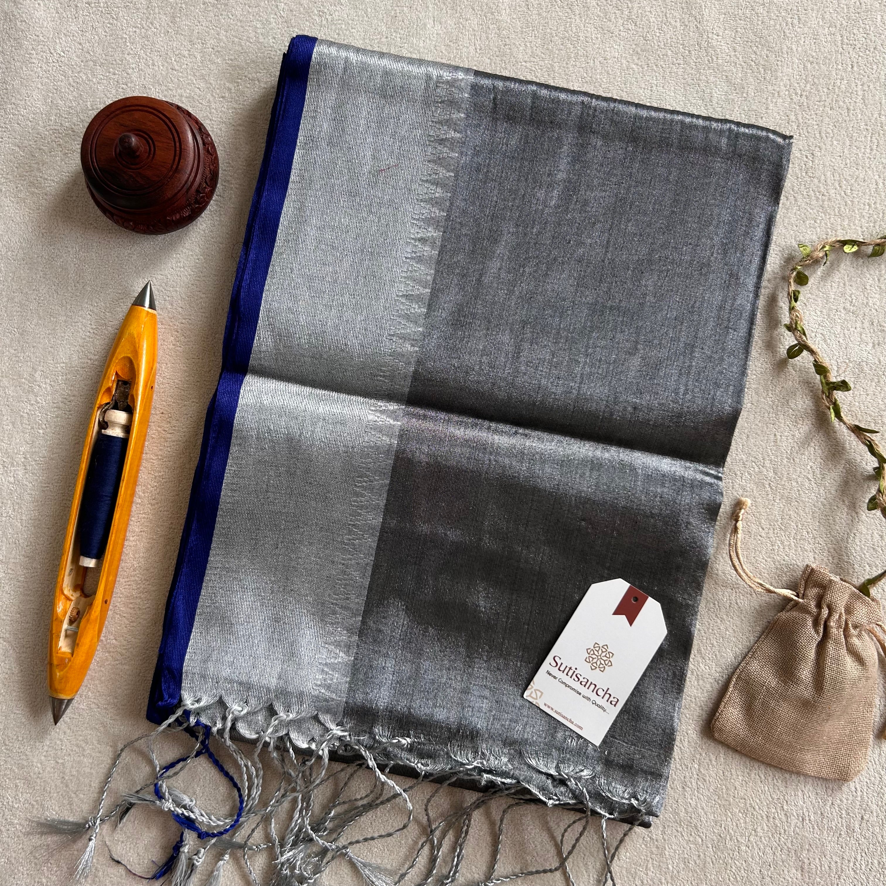 Sutisancha Gray Handloom Cotton Tissue Saree