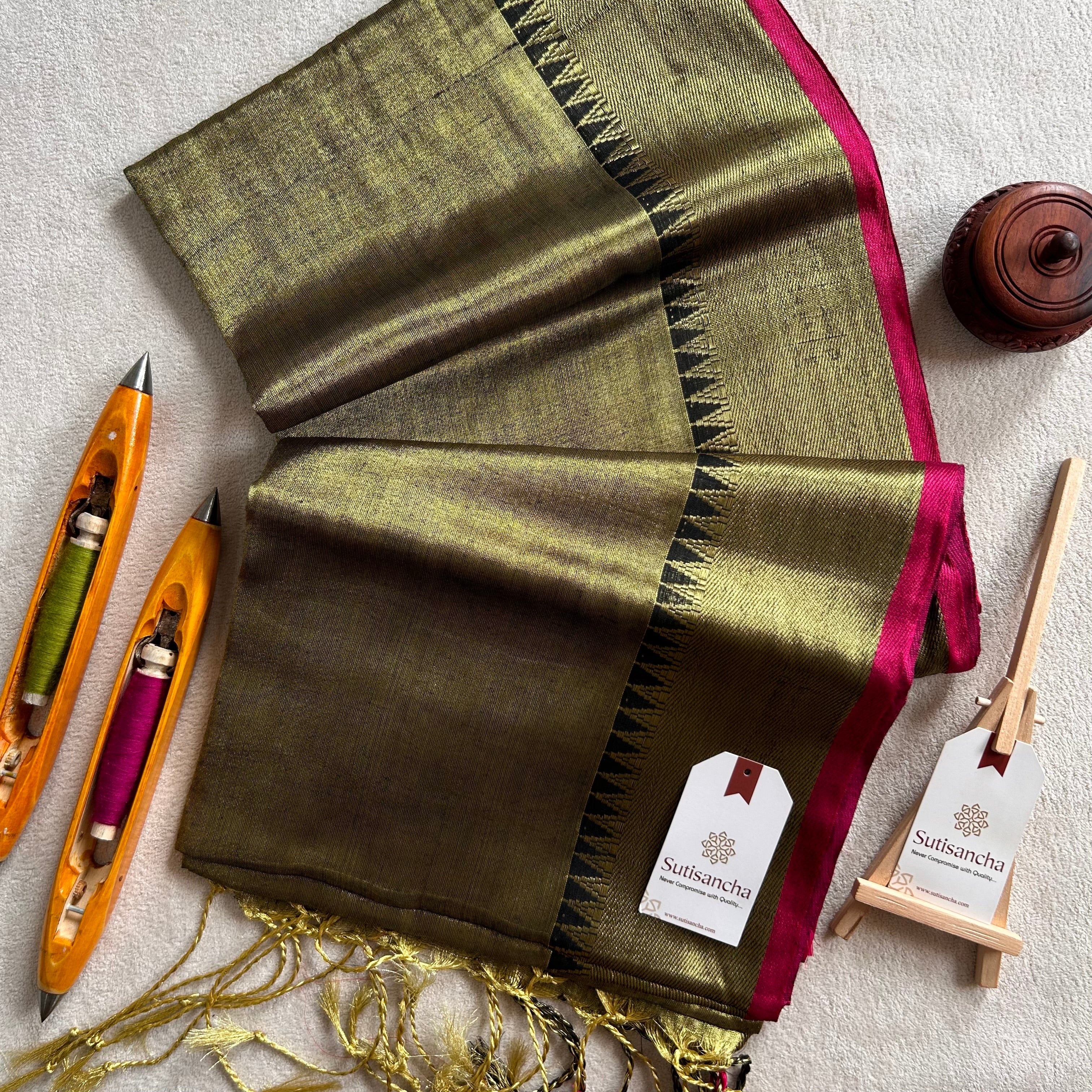 Sutisancha Mehndi Handloom Cotton Tissue Saree