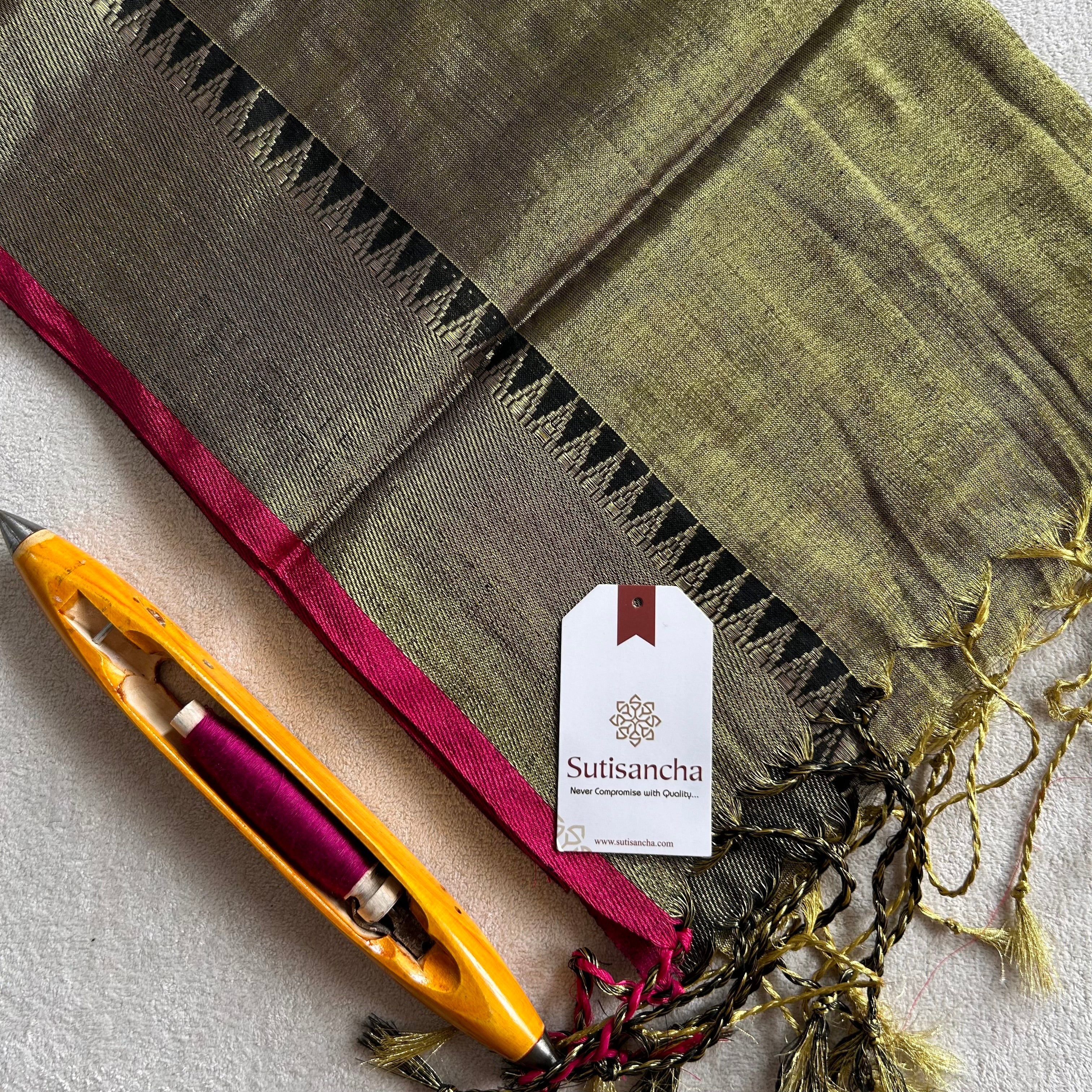 Sutisancha Mehndi Handloom Cotton Tissue Saree