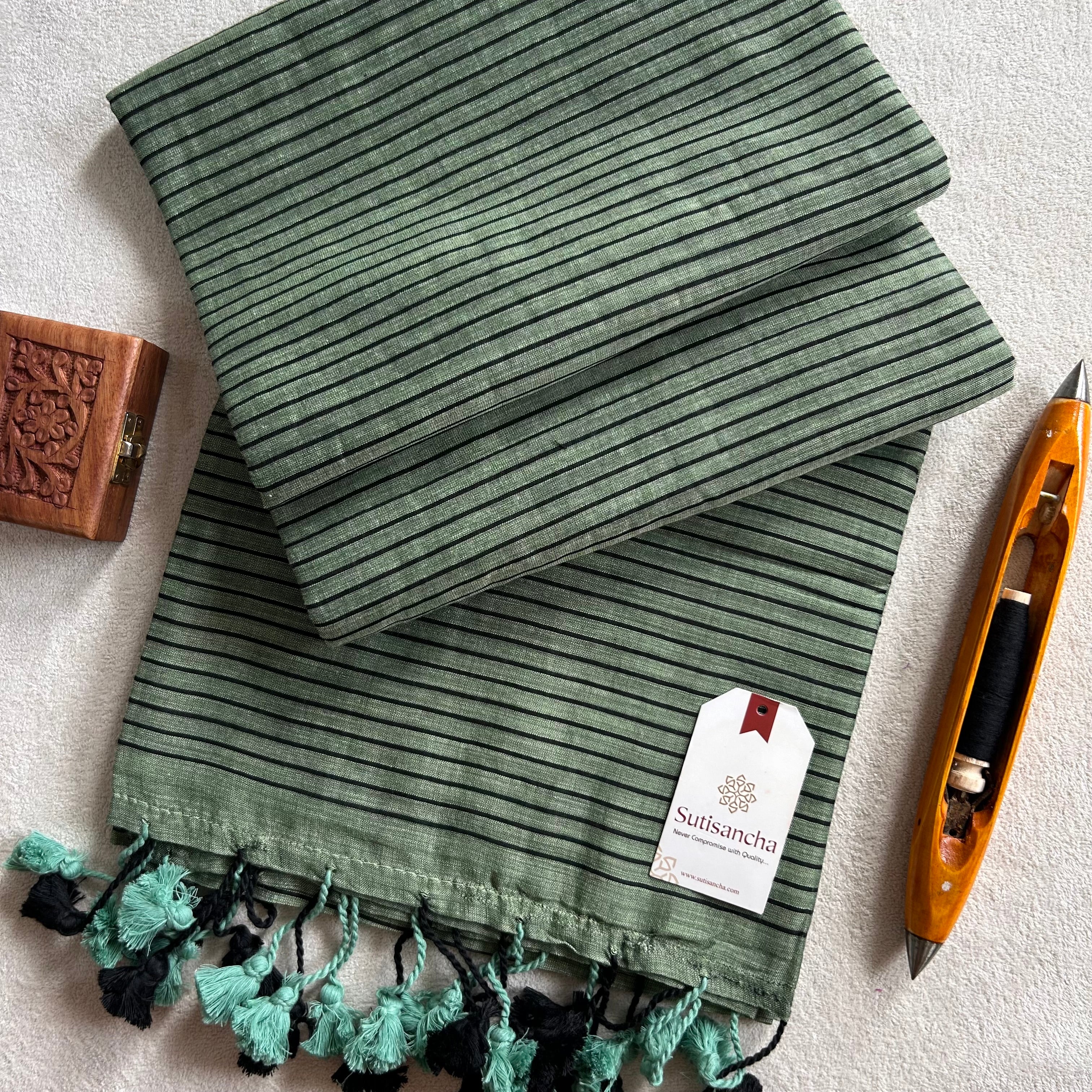 Sutisancha WinterGreen Stripe Cotton saree With Cutwork Blouse