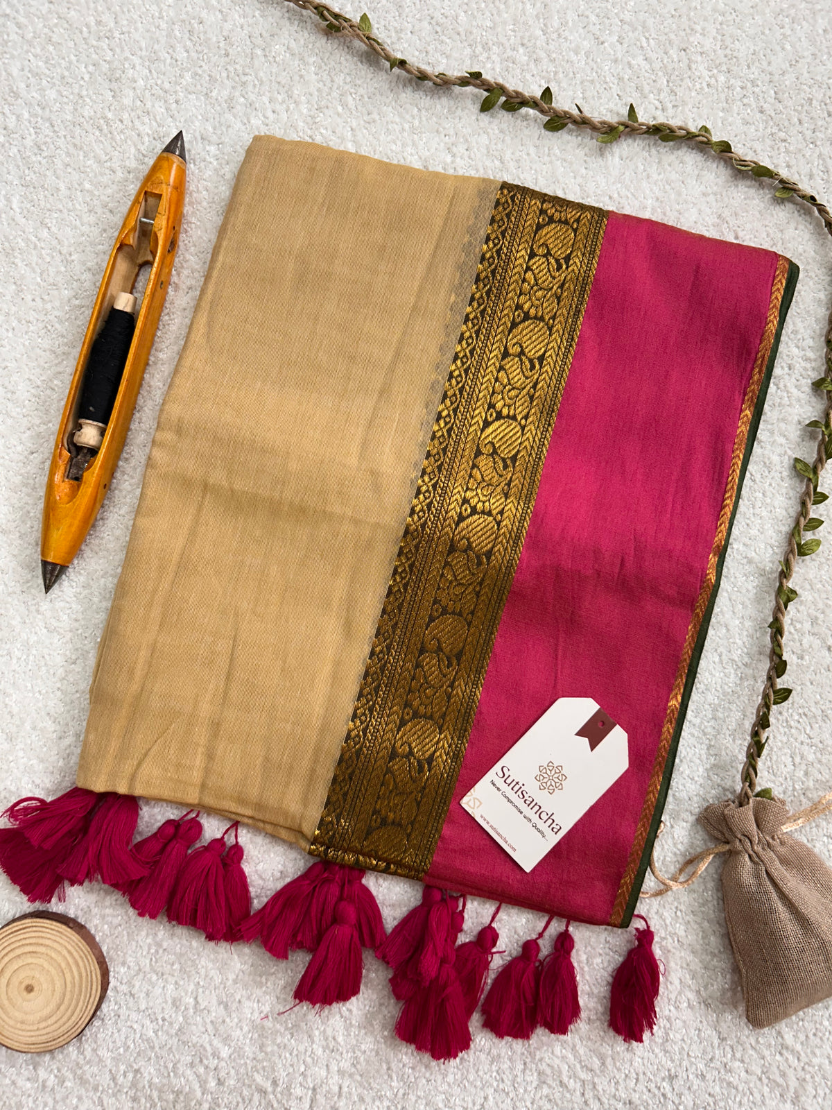 Mulaya Heritage Zari Panel Pure Mul Cotton Saree with Tassel Pallu