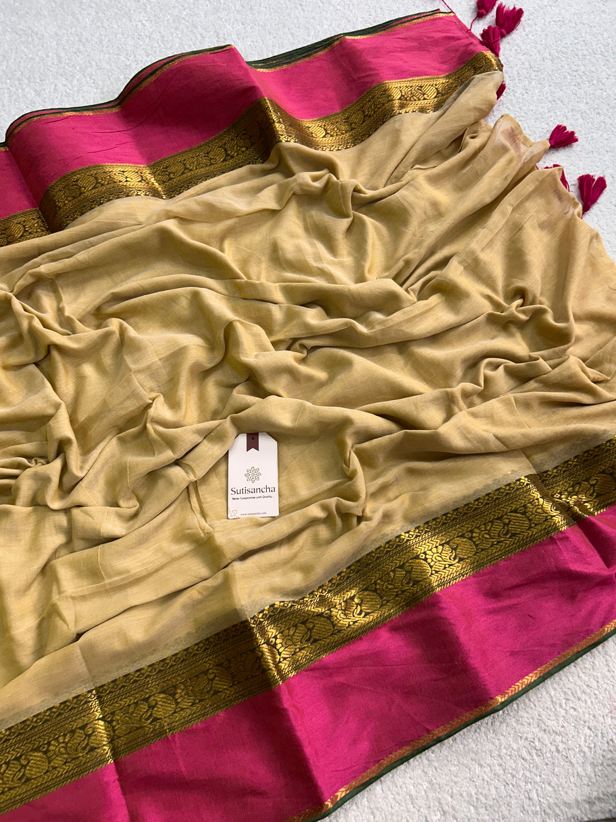 Mulaya Heritage Zari Panel Pure Mul Cotton Saree with Tassel Pallu
